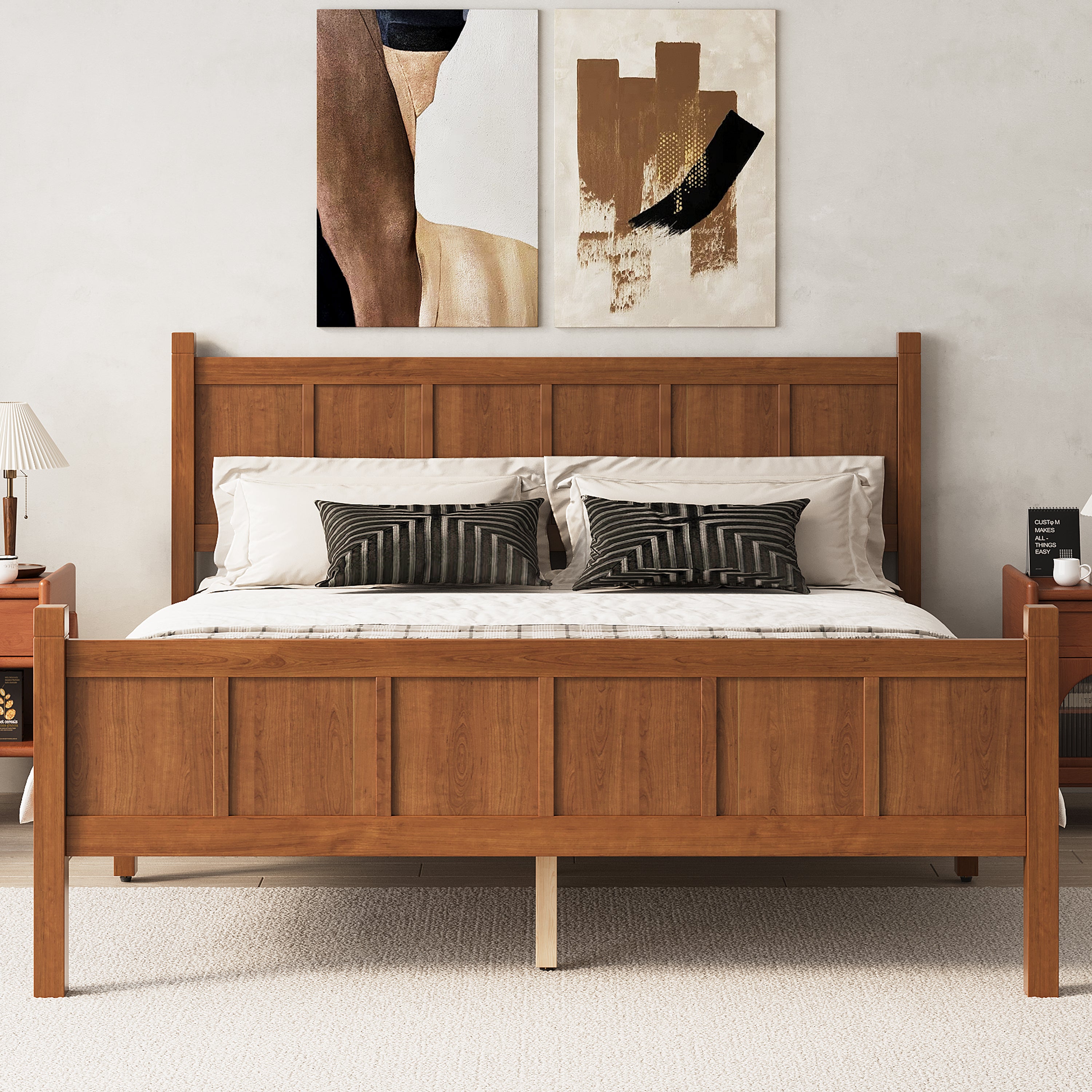 Queen Size Flat Panel Bed with Headboard & Footboard, Minimalist Modern Platform Bed with Wood Grain Finish, Shaker and Farmhouse Style Design, Sleek and Functional Bedroom Furniture,Light Walnut
