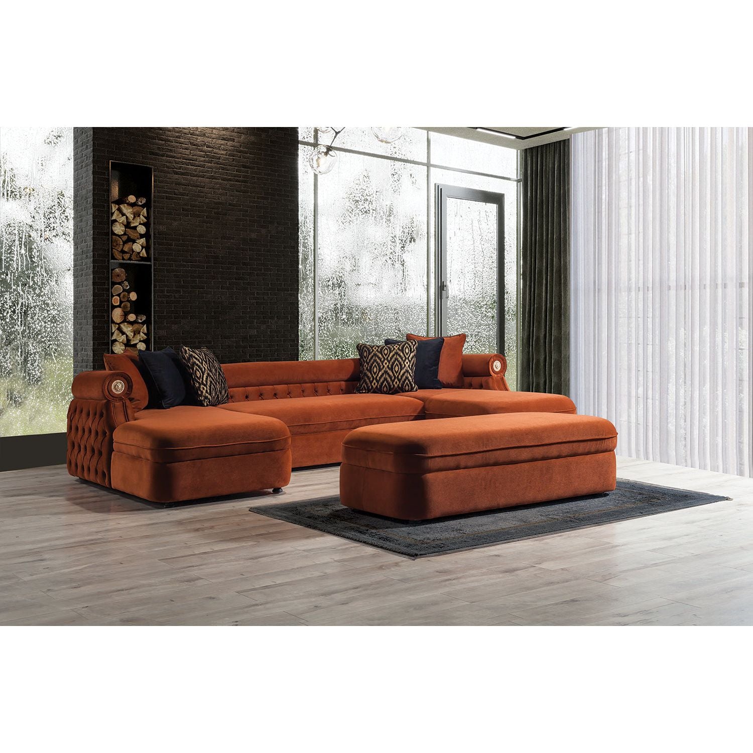 Brooklyn Orange Tufted Double Chaise Sectional