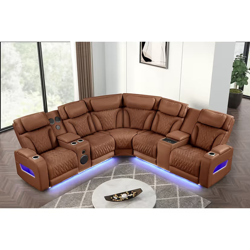 Skyline Brown Caramel Power Reclining Sectional with Bluetooth Speakers, view 5