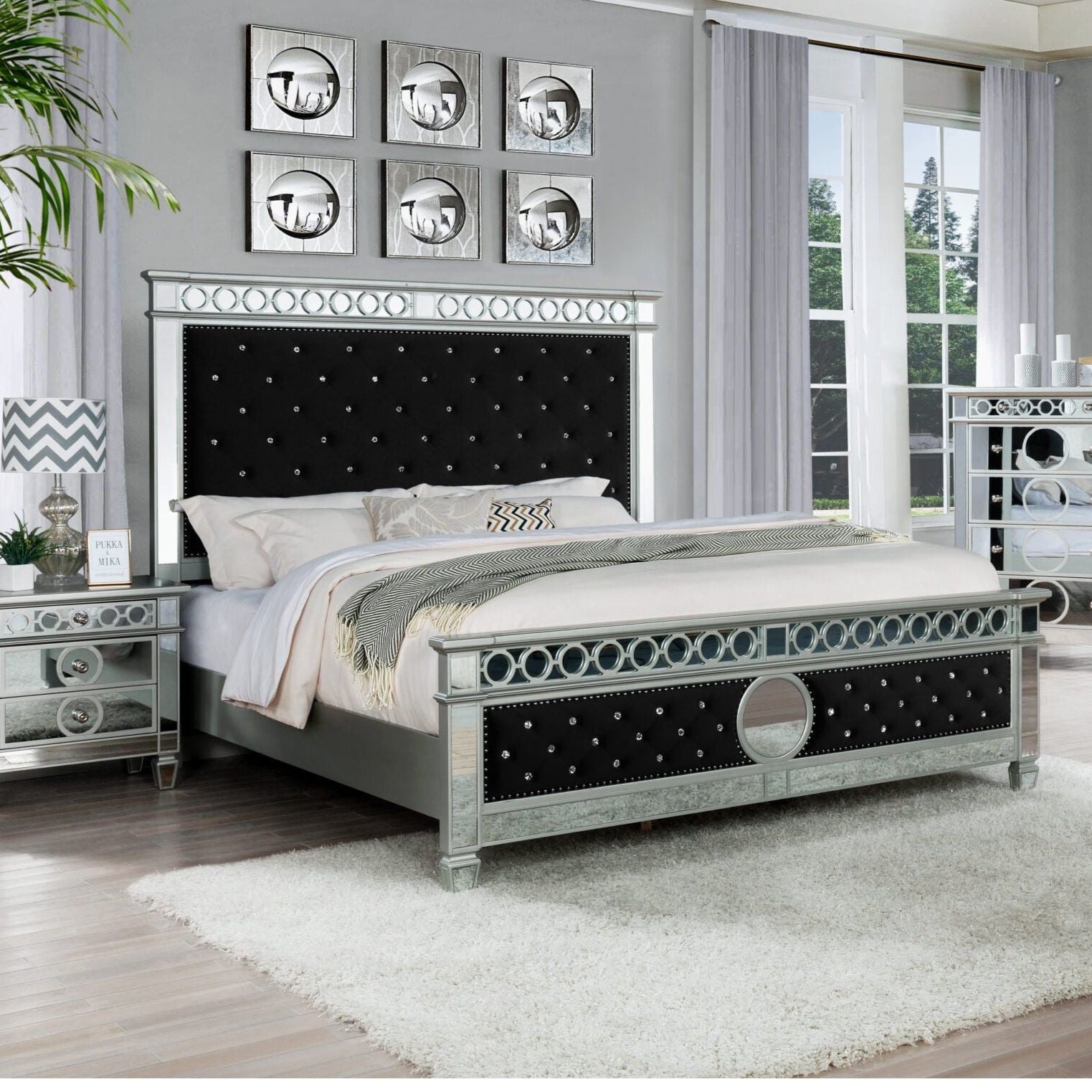 Bella Black Velvet Tufted Bed with Silver Accents
