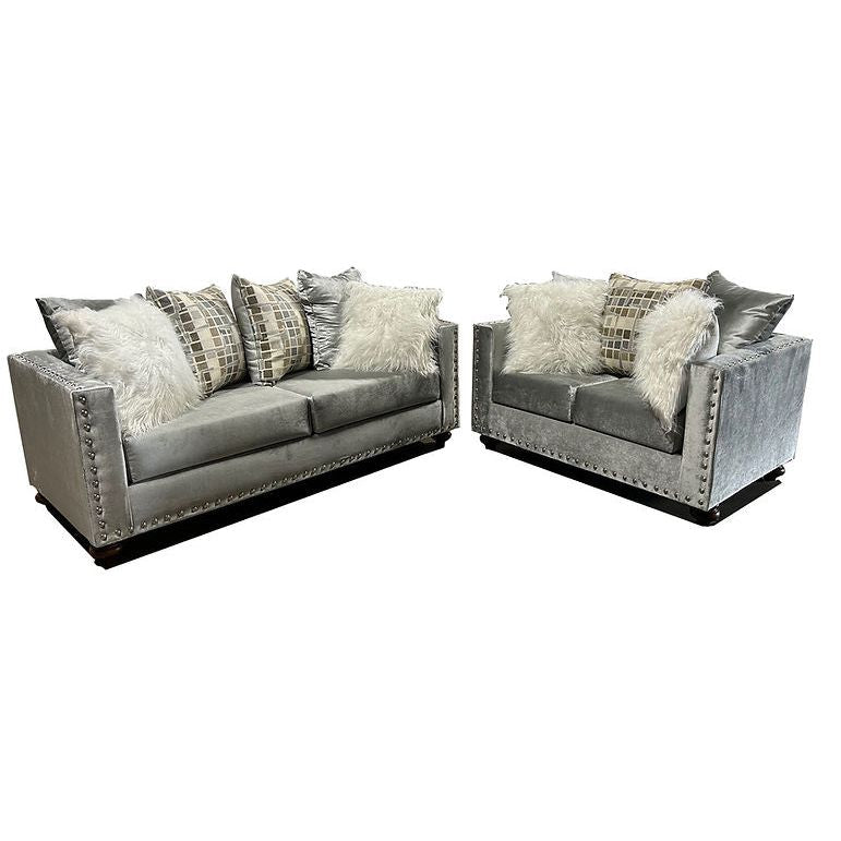 Silver Velvet Sofa and Loveseat Set with Nailhead Trim, view 2