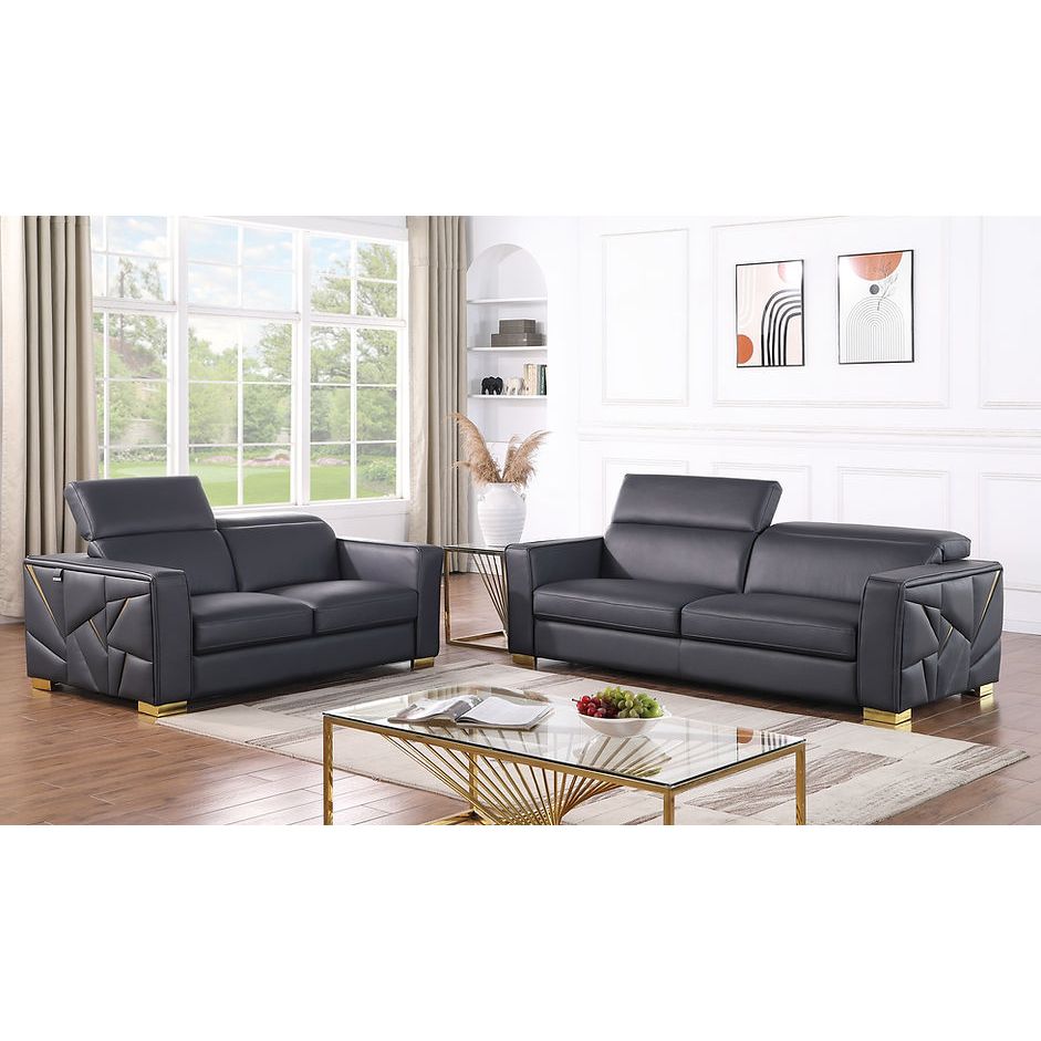 Astra Dark Navy Italian Leather Match Sofa and Loveseat Set with Accents, view 2