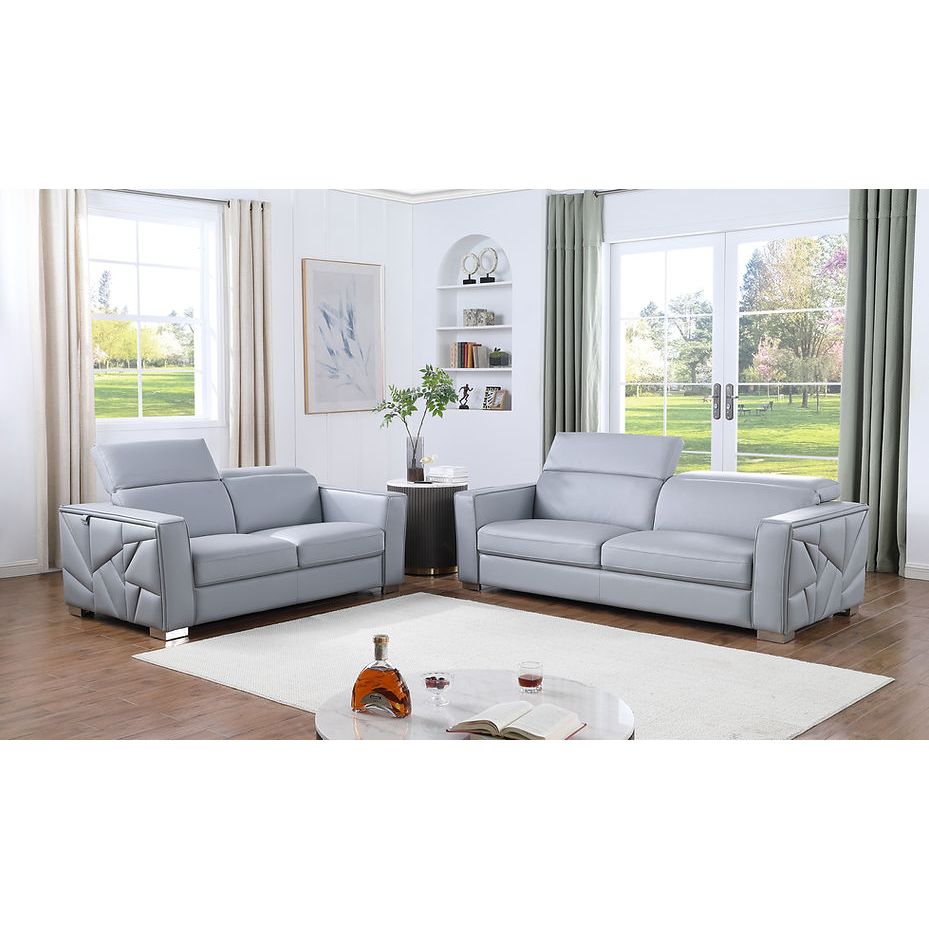 Astra Light Blue Italian Leather Match Sofa and Loveseat Set with Accents, view 2