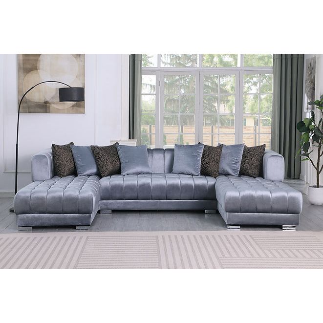 Dasha Gray Tufted Velvet Double Chaise Sectional, view 2