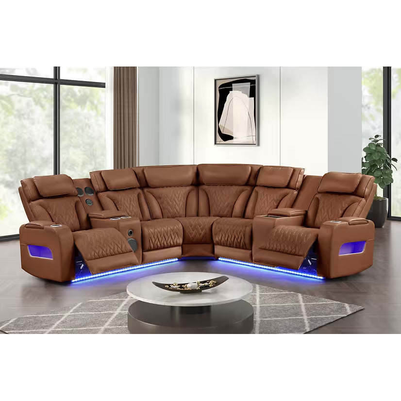Skyline Brown Caramel Power Reclining Sectional with Bluetooth Speakers