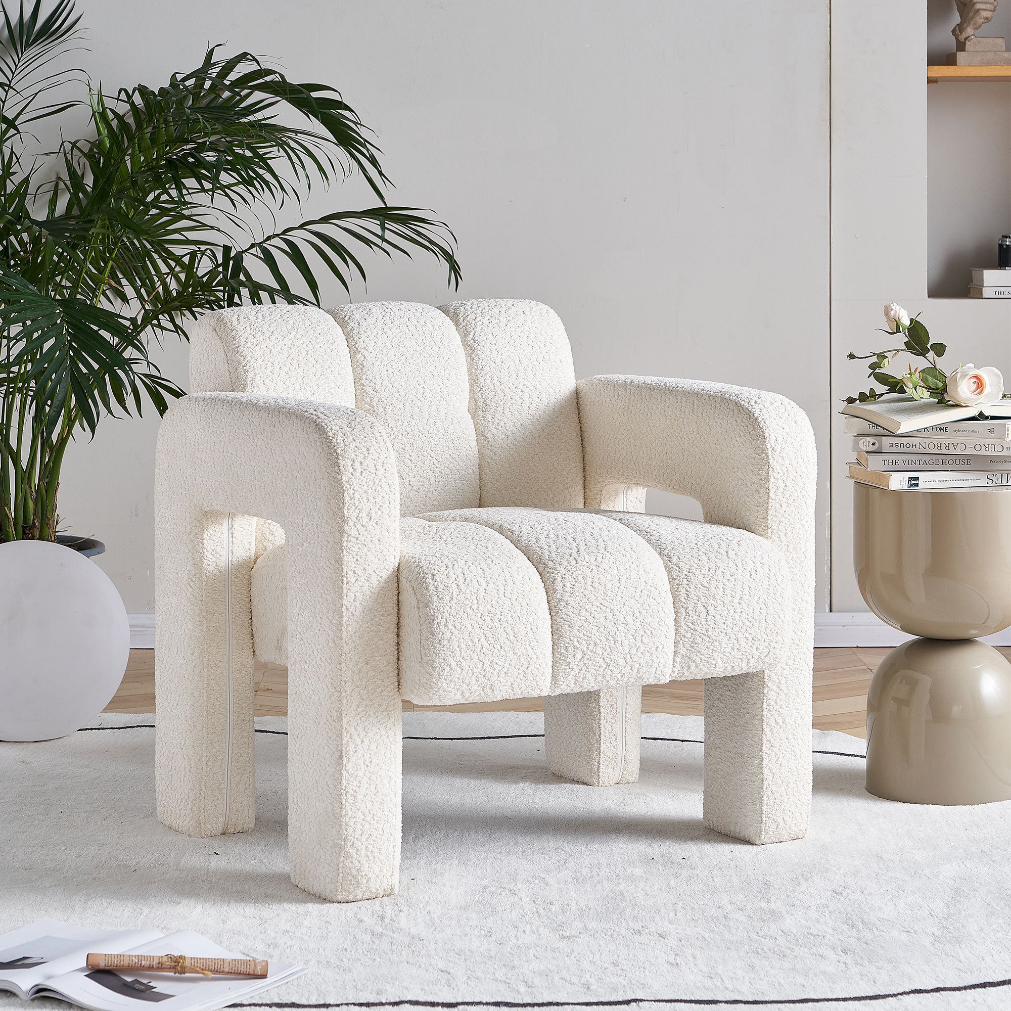 Stylish Boucle Upholstered Accent Chair with Solid Wood Frame and High-Density Foam in Beige