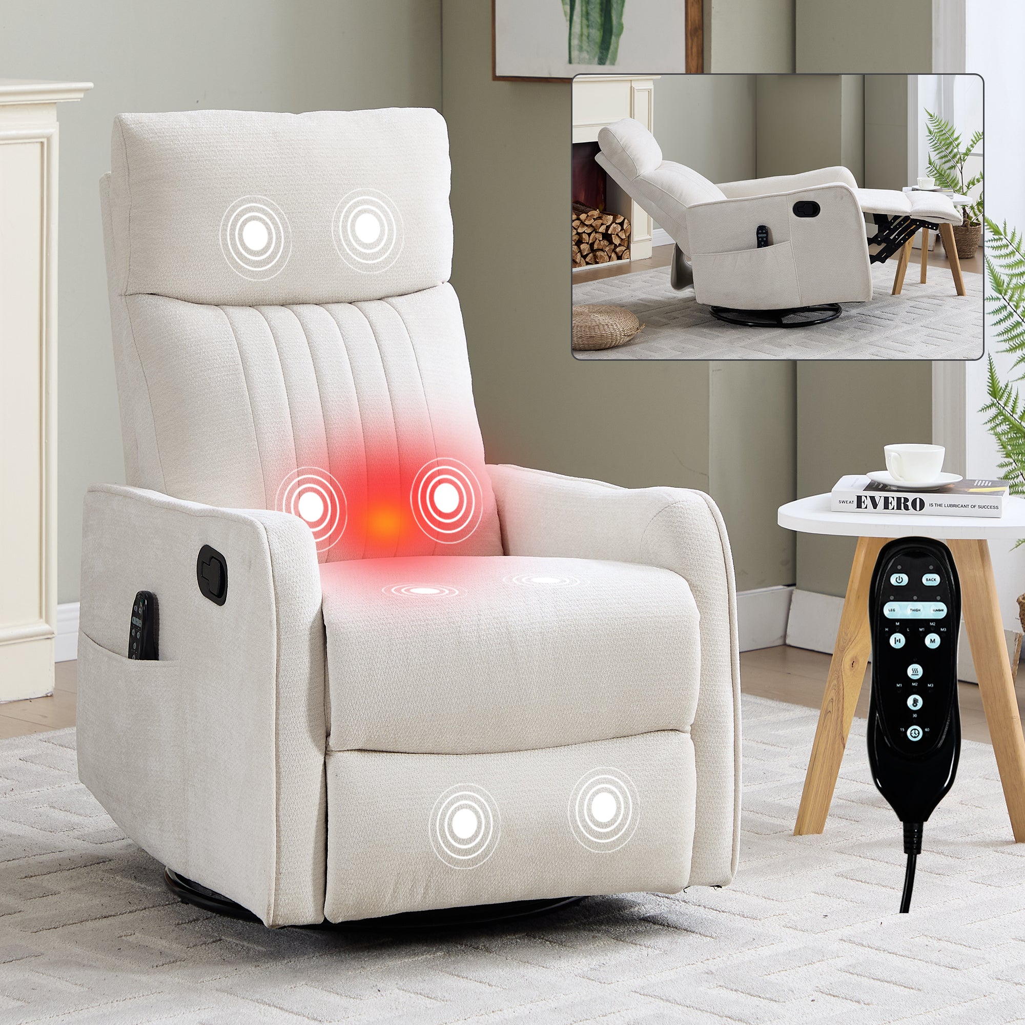 Beige Heat Massage Manual Recliner Chair with Rocker and Swivel in Fabric for Living Room