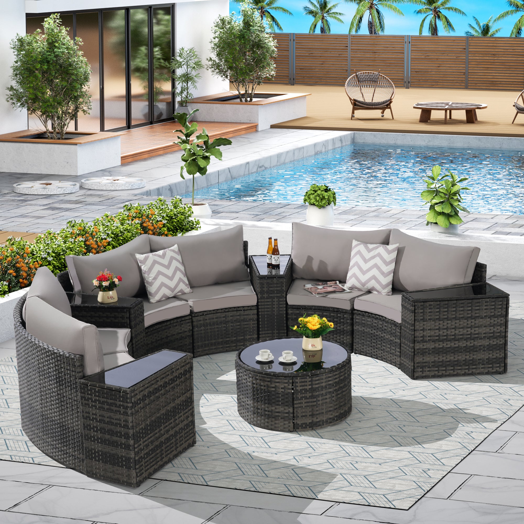 Outdoor Patio Furniture 11-Piece Half-Moon Sectional Round Patio Furniture Set Sofa with Tempered Glass Round Coffee Table