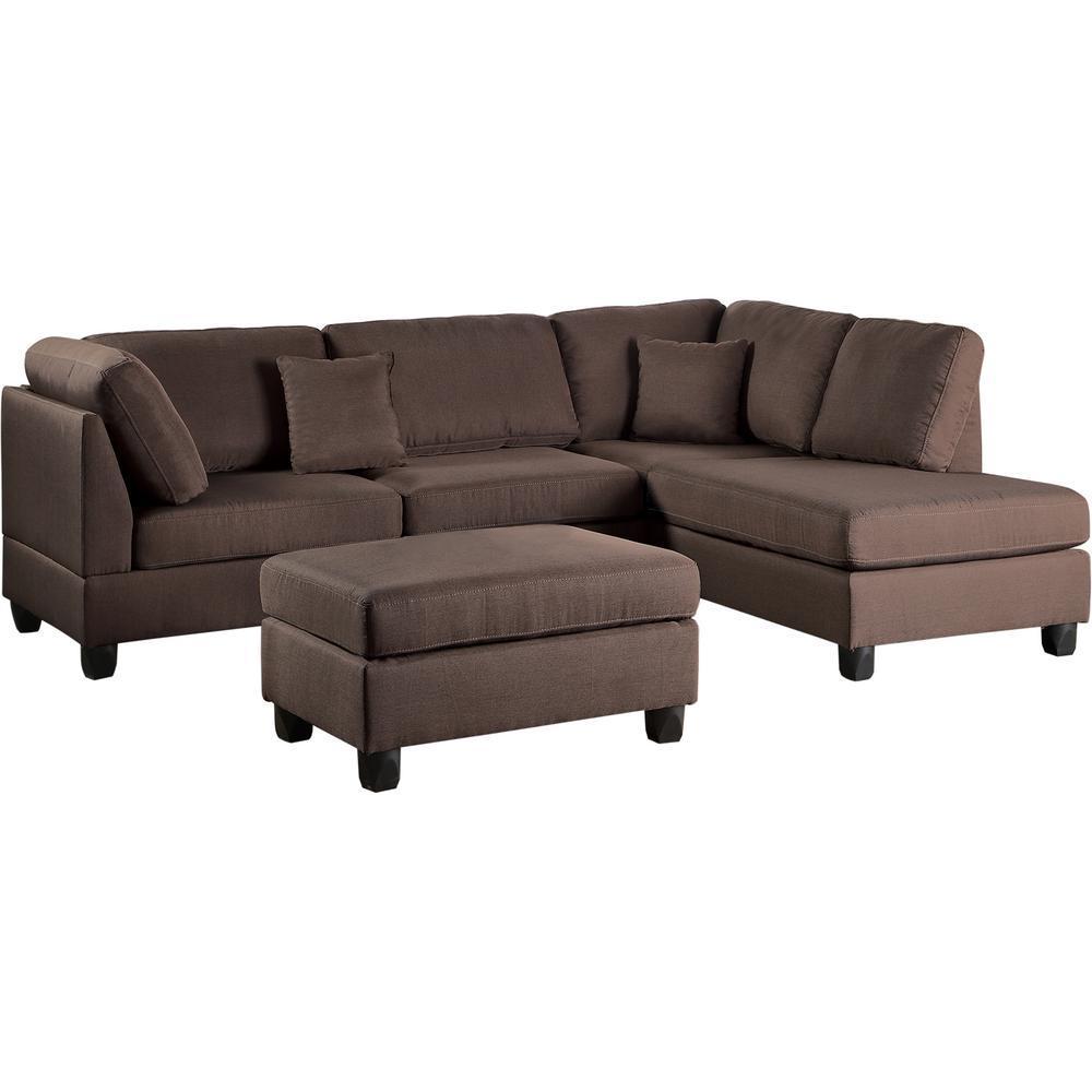 Reversible Chocolate Color 3pcs Sectional Linen Like Fabric Cushion Couch