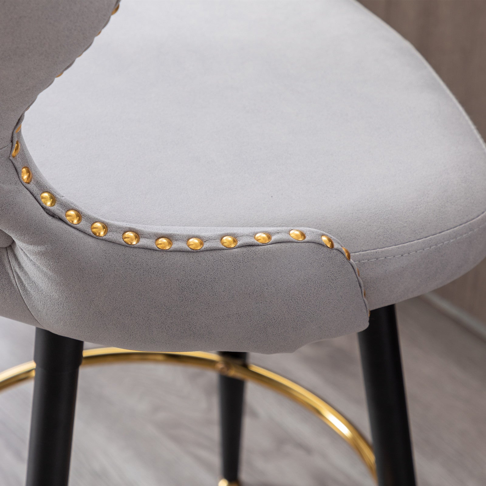 A&A Furniture,Counter Height 25" Modern Leathaire Fabric bar chairs,180° Swivel Bar Stool Chair for Kitchen,Tufted Gold Nailhead Trim Bar Stools with Metal Legs,Set of 2 (Light Gray)