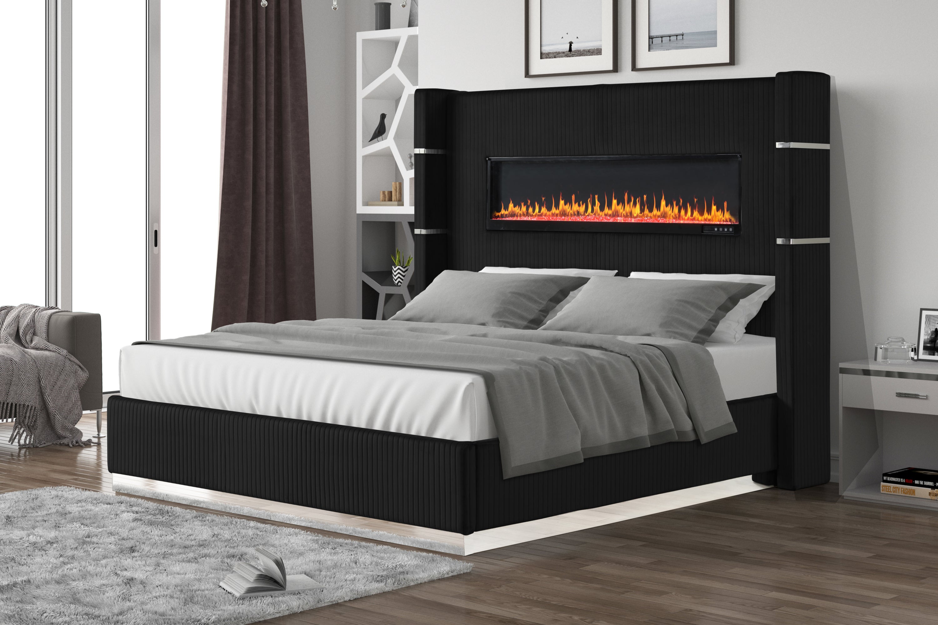 Lizelle Upholstery Wooden Queen Bed with Ambient lighting in Black Velvet Finish same as G150108989 (NJ inventory)