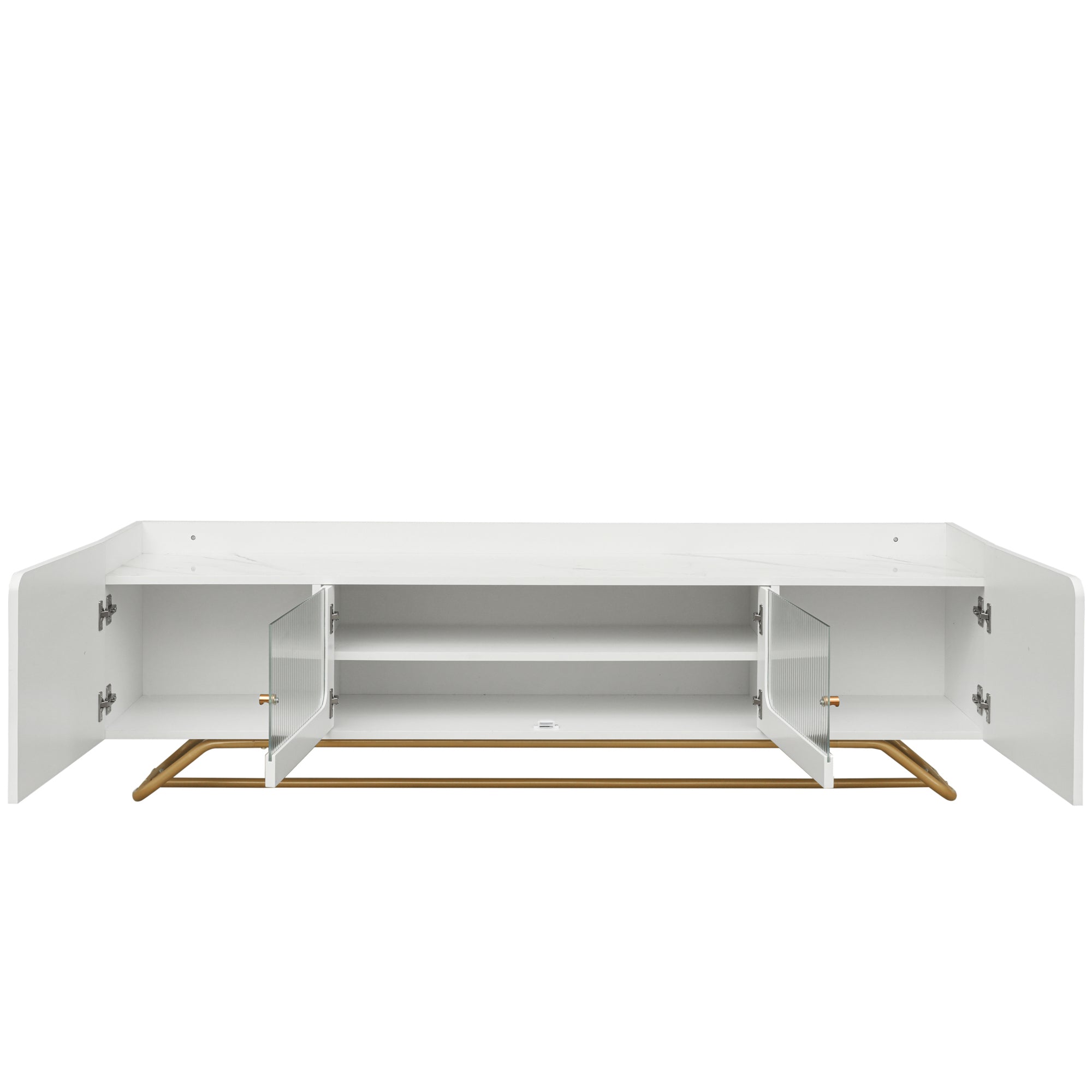 ON-TREND Sleek Design TV Stand with Fluted Glass, Contemporary Entertainment Center for TVs Up to 70", Faux Marble Top TV Console Table with Gold Frame Base, White