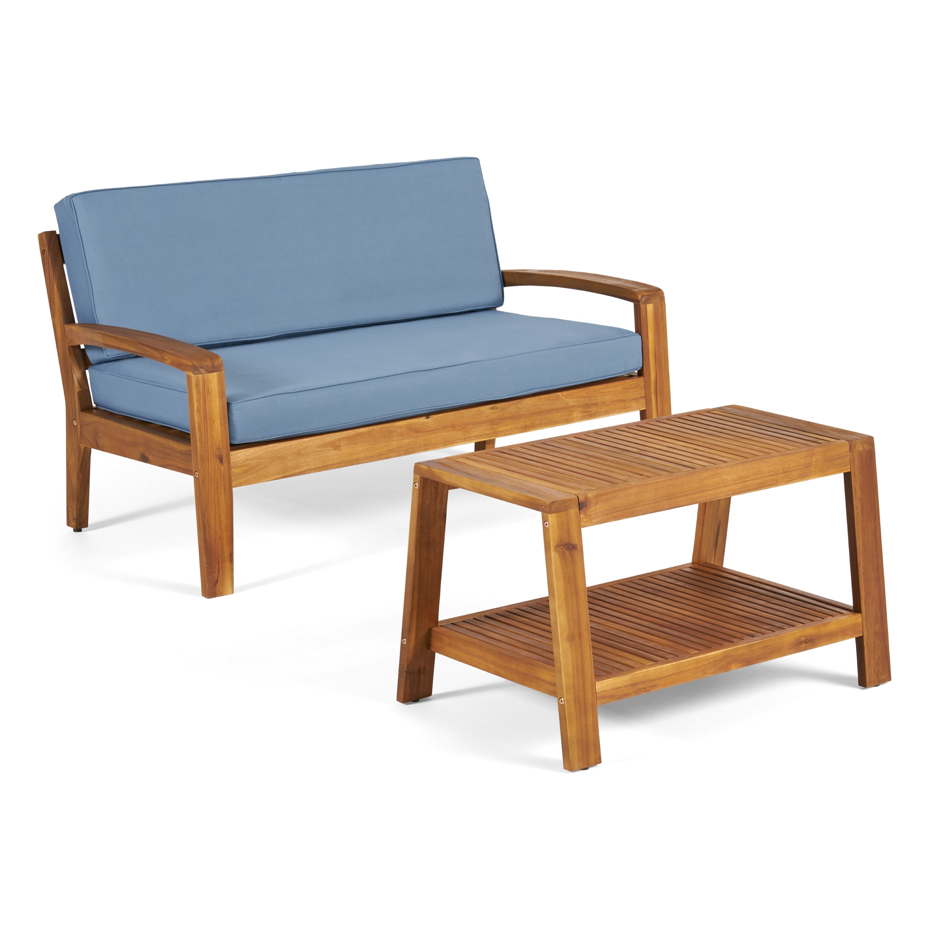 2-Piece Outdoor Teak Acacia Wood Conversation Set - Loveseat & Coffee Table with Blue Water-Resistant Cushions, 350lbs Capacity for Patio, Deck & Backyard