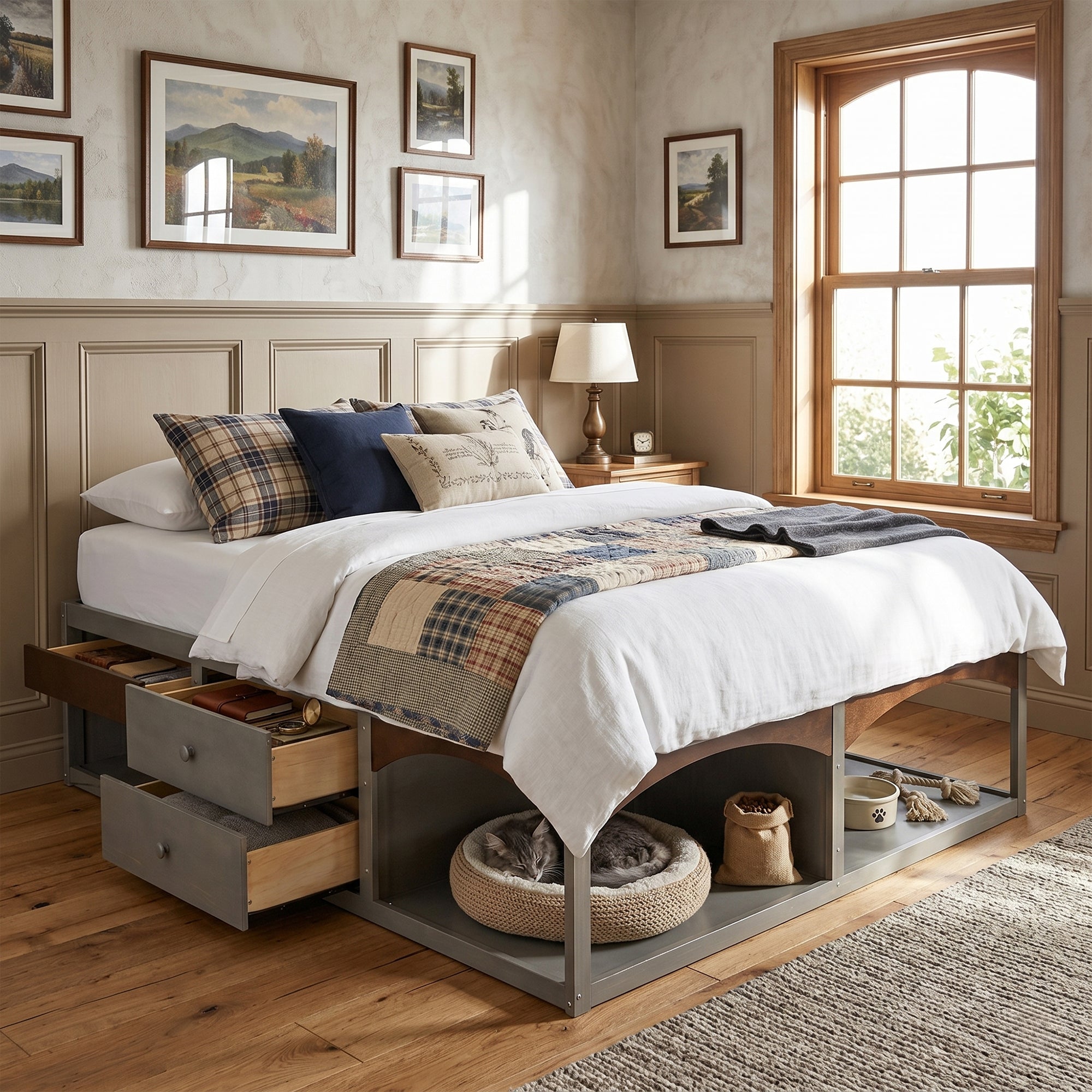 King Bed Frame with Storage Drawers, No Headboard Platform Bed with Light, Pet-Friendly Design, No Box Spring Needed, Modern Minimalist Style-Antique Gray