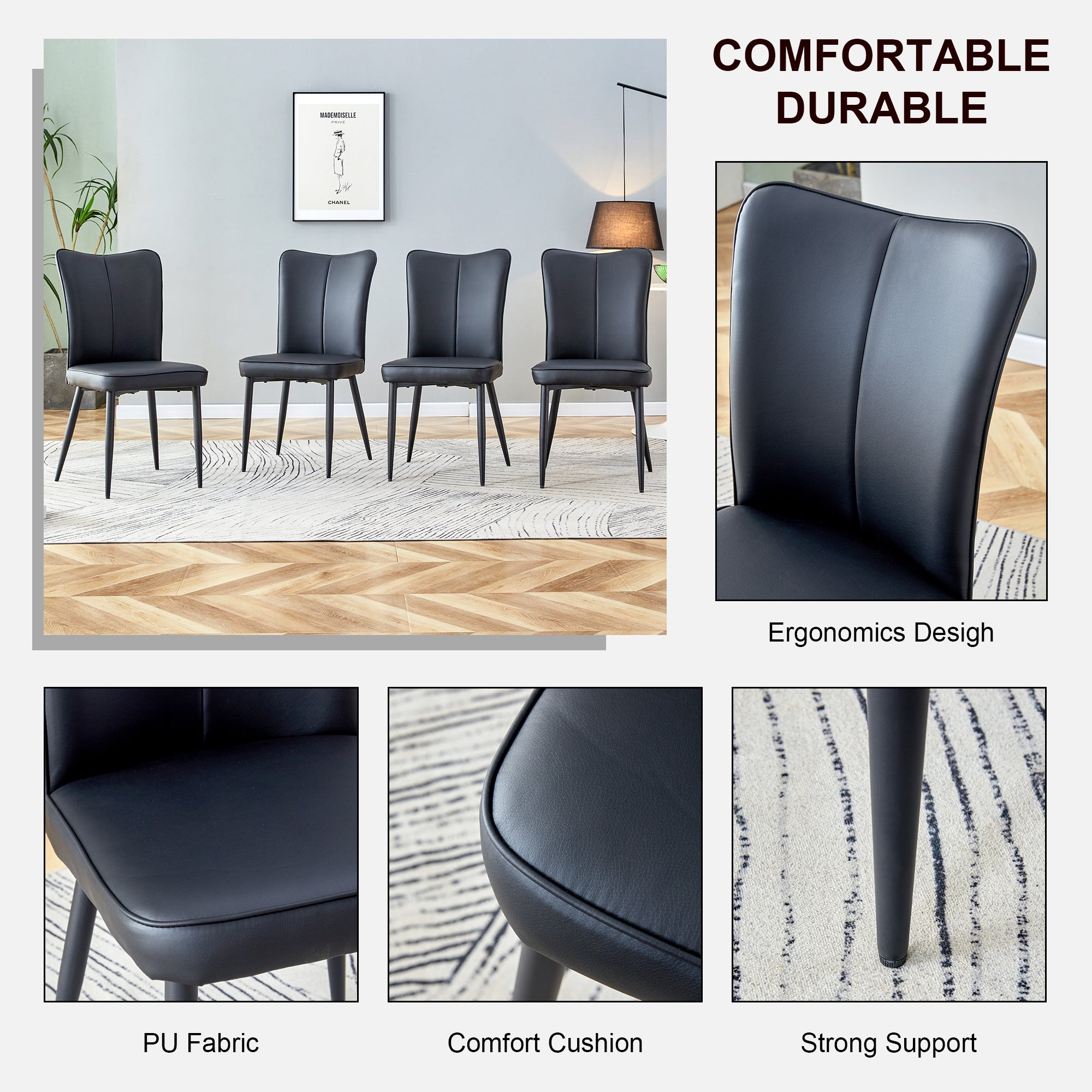 Table and chair set. 1 table and 6 black chairs. Glass dining table with 0.31-inch tempered glass tabletop and black coated metal legs. Equipped with black PU chairs 1123 008