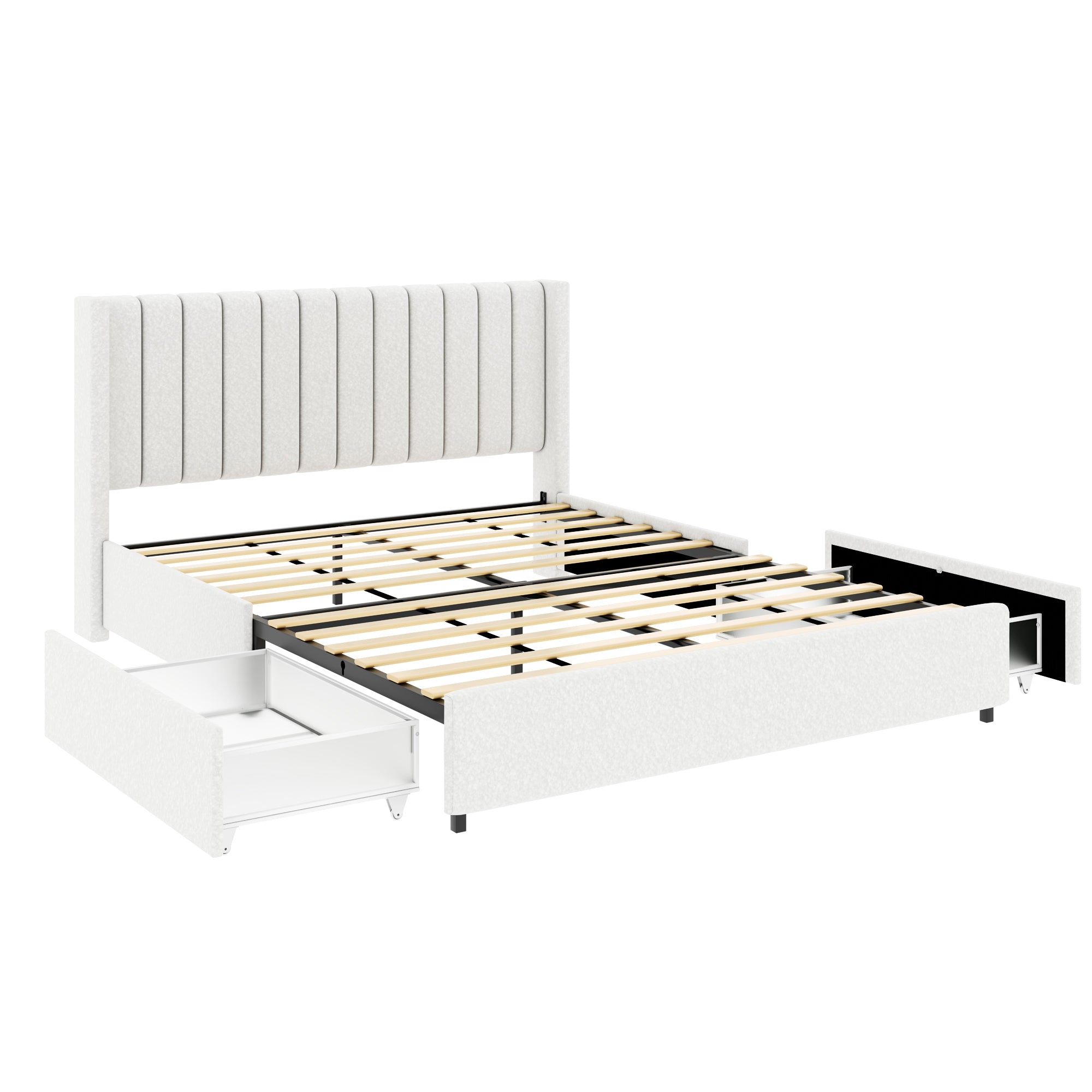 Anda Patented 2-Drawers Storage Bed Queen Size Ivory Boucle Upholstered Platform Bed, Tufted Headboard, No Box Spring Needed