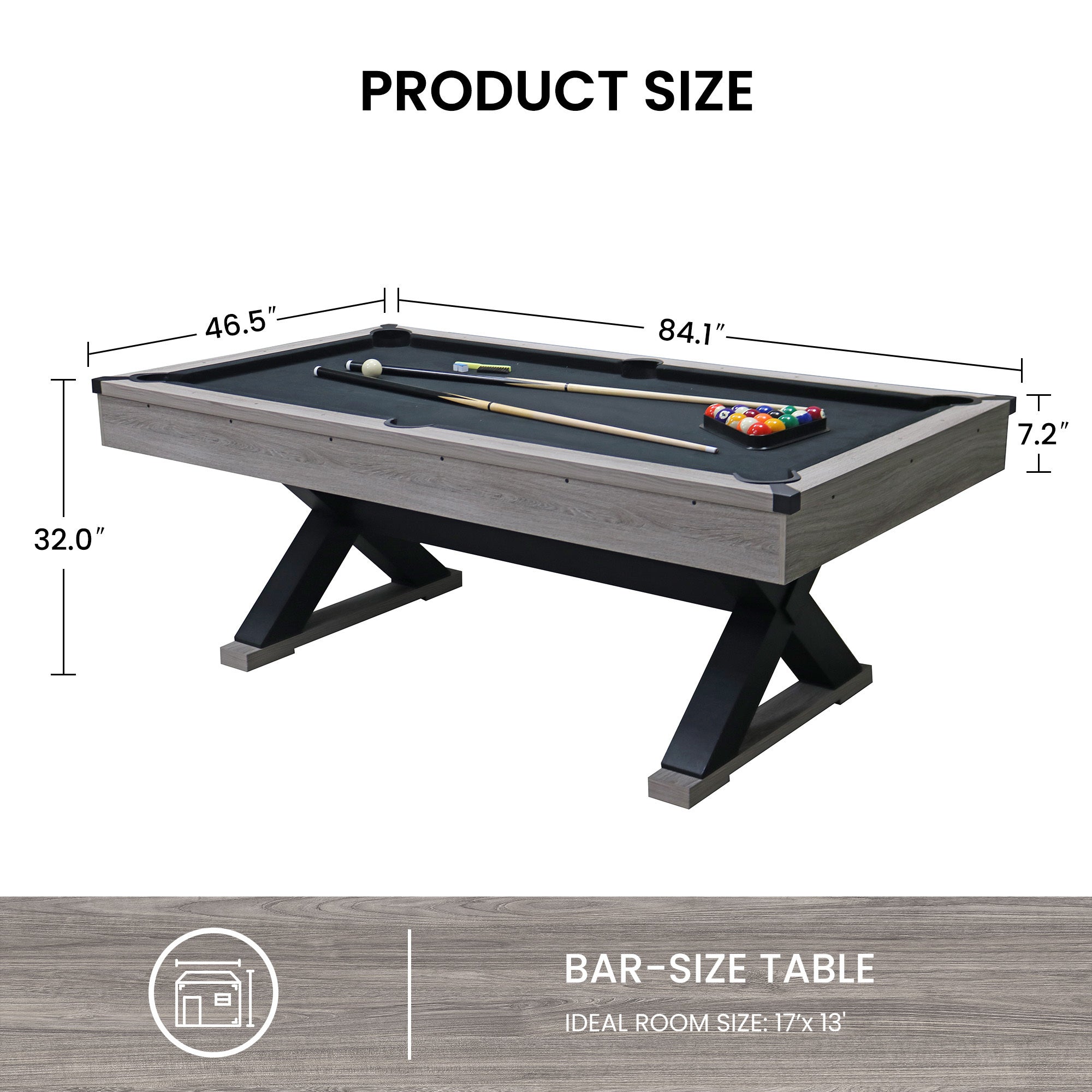 84" Pool Table with Billiard Balls, Cues, Pool Cue Chalk, Cleaning Brush, X-Legs, Black Cloth, Rustic Grey,84.1"L x 46.5"W x 32"H