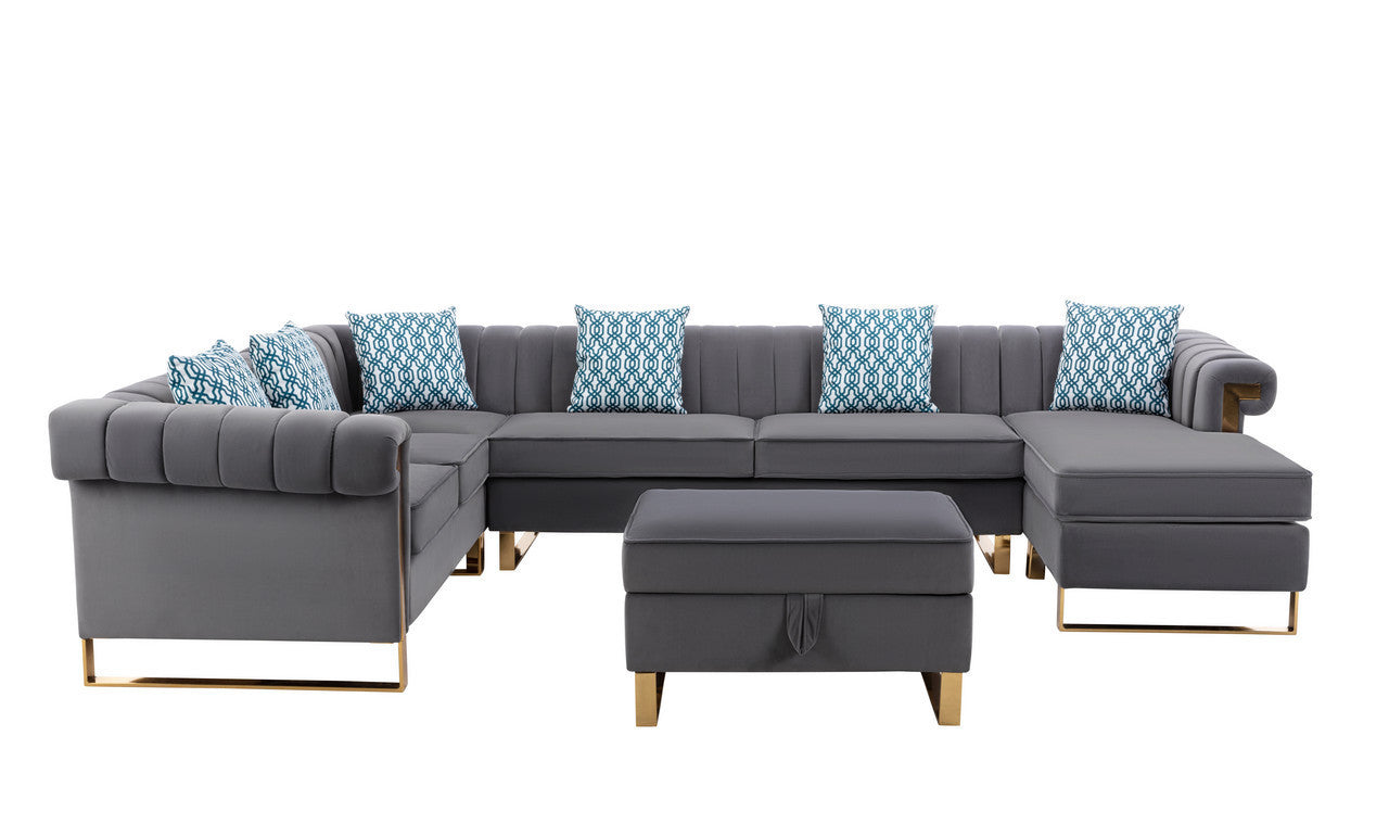 Maddie Gray Velvet 7-Seater Sectional Sofa with Reversible Chaise and Storage Ottoman