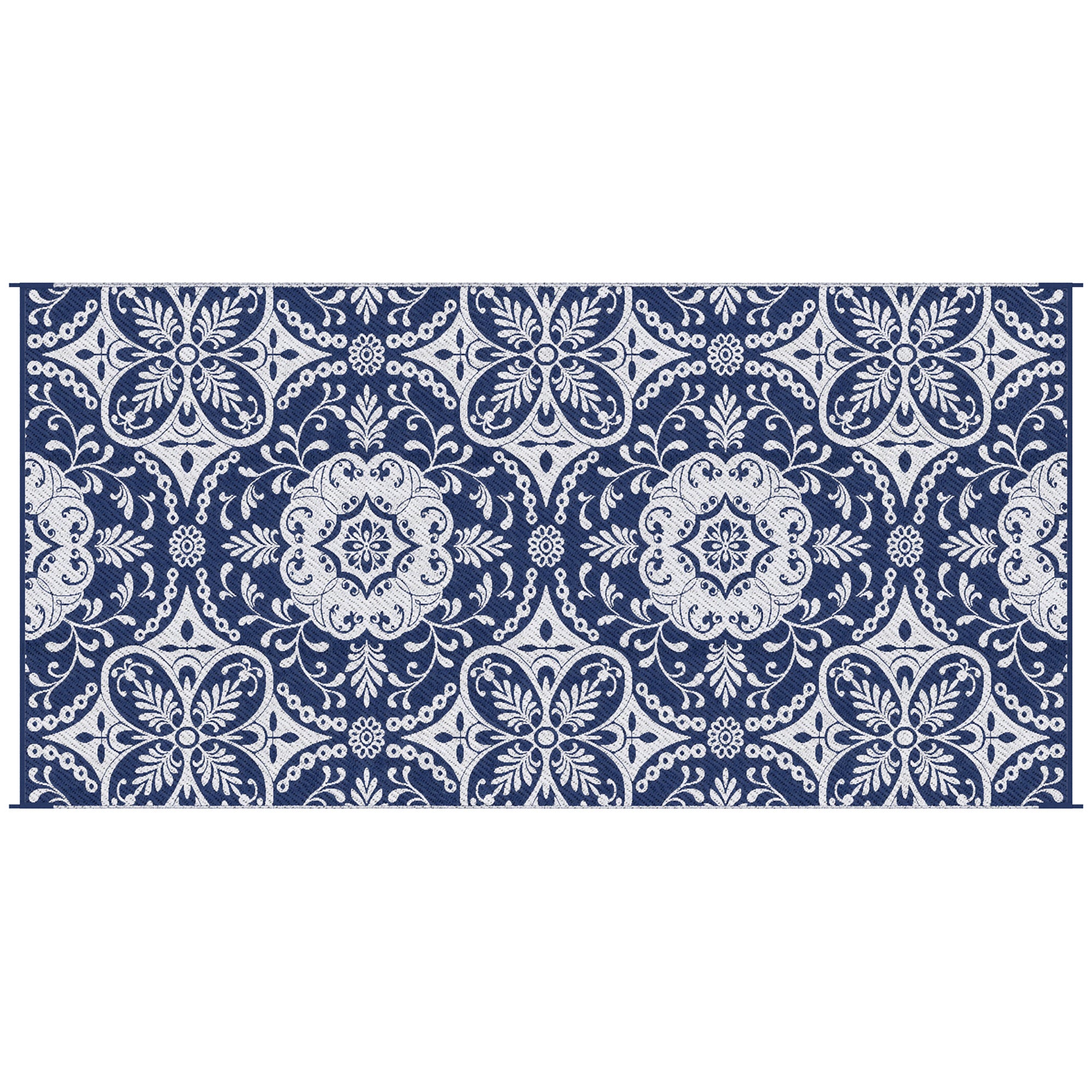 Outsunny Reversible Outdoor Rug Carpet, 9' x 18' Waterproof Plastic Straw Rug, Portable RV Camping Rugs with Carry Bag, Large Floor Mat for Backyard, Deck, Picnic, Beach, Blue & White Floral