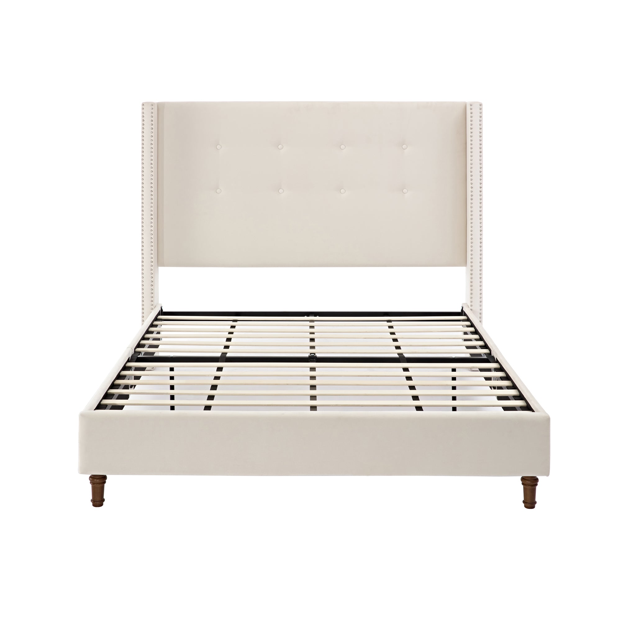 Peyton Upholstered Queen Bed with Traditional Hand Buttoned Tufting and Nailhead Trim Wingback in Ivory Velvet, No Box Spring Needed, Easy Assembly
