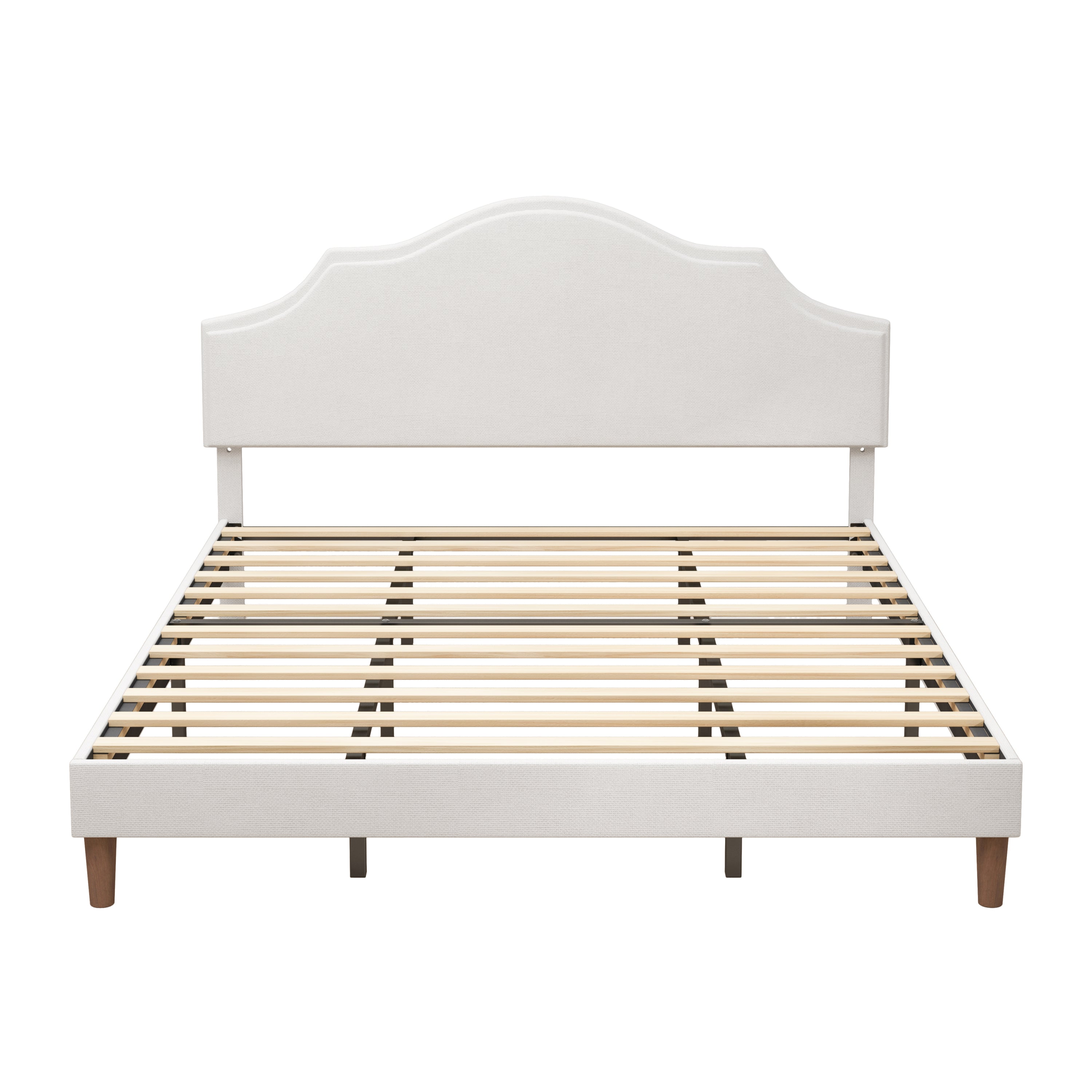 Modern White Upholstered Platform Bed Frame with Adjustable Headboard, Linen Fabric Padded, King Size, No Box Spring Needed, Easy Assembly
