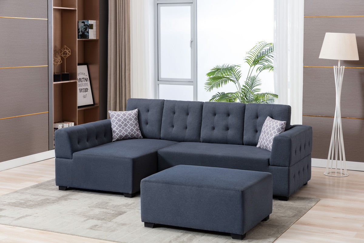 Ordell Dark Gray Linen Fabric Sectional Sofa with Left Facing Chaise Ottoman and Pillows