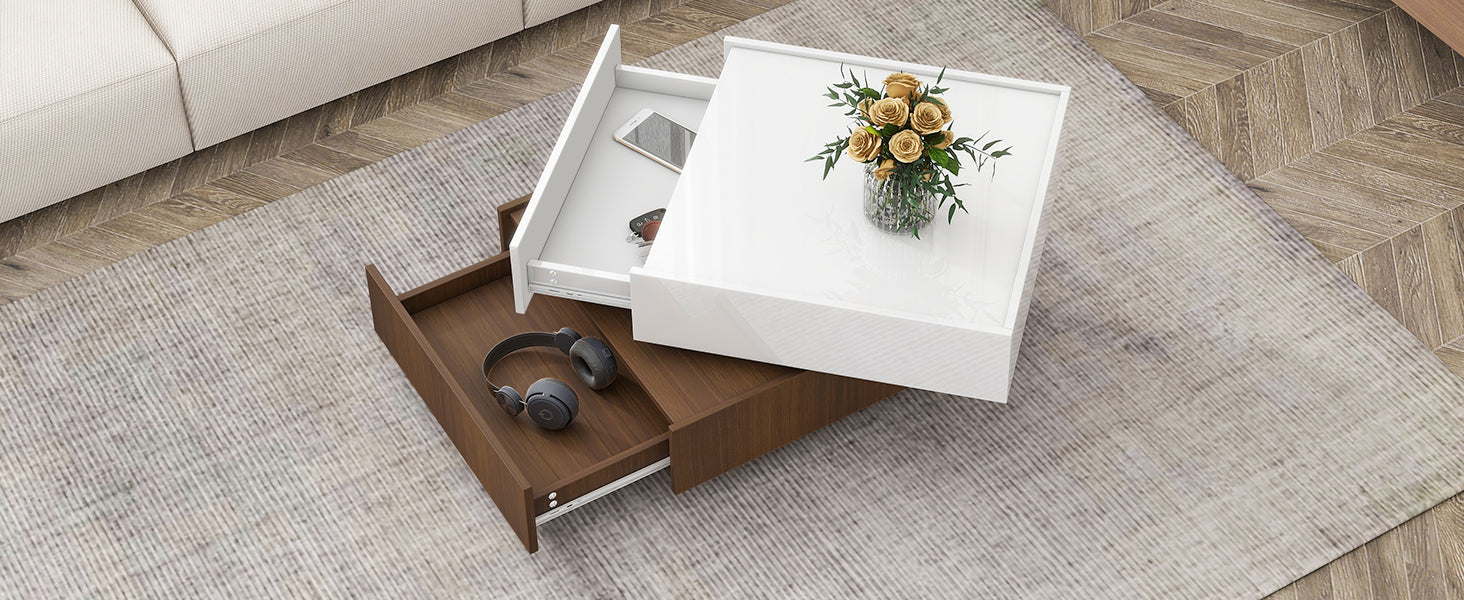 [VIDEO provided] ON-TREND Square 360°Rotating Coffee Table with 2 Drawers, High Gloss 2-Tier Center Table with Swivel Tabletop and Storage, Walnut Table Frame Side Table for Living Room, White