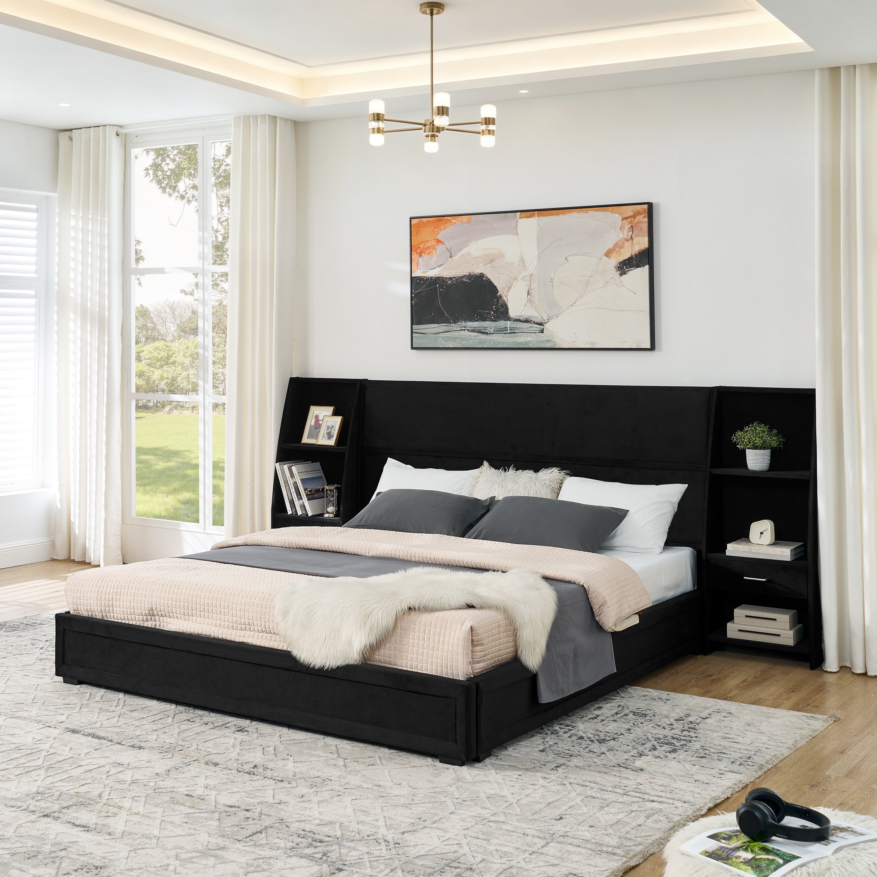 King Size Modern Storage Platform Bed Frame, Glossy Velvet Headboard with Side Bookcases & Drawer, Mattress Excluded-Black