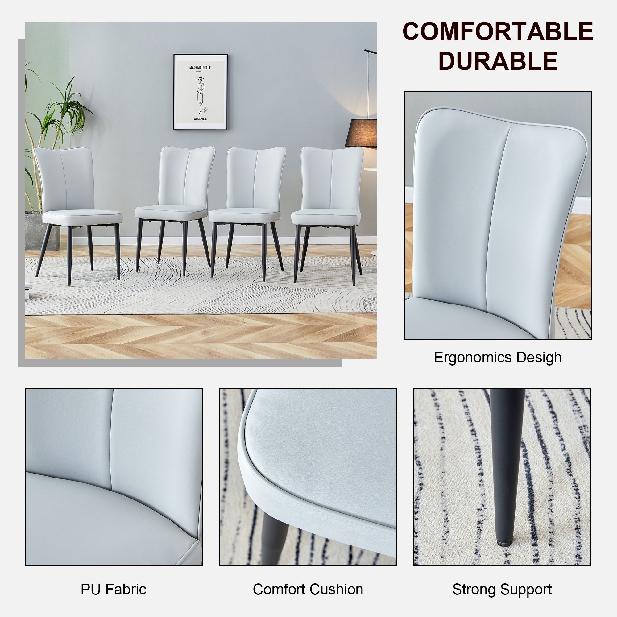 Table and chair set. 1 table and 6 light grey chairs. Glass dining table with 0.31-inch tempered glass tabletop and black coated metal legs. Equipped with light grey PU chairs 1123 008
