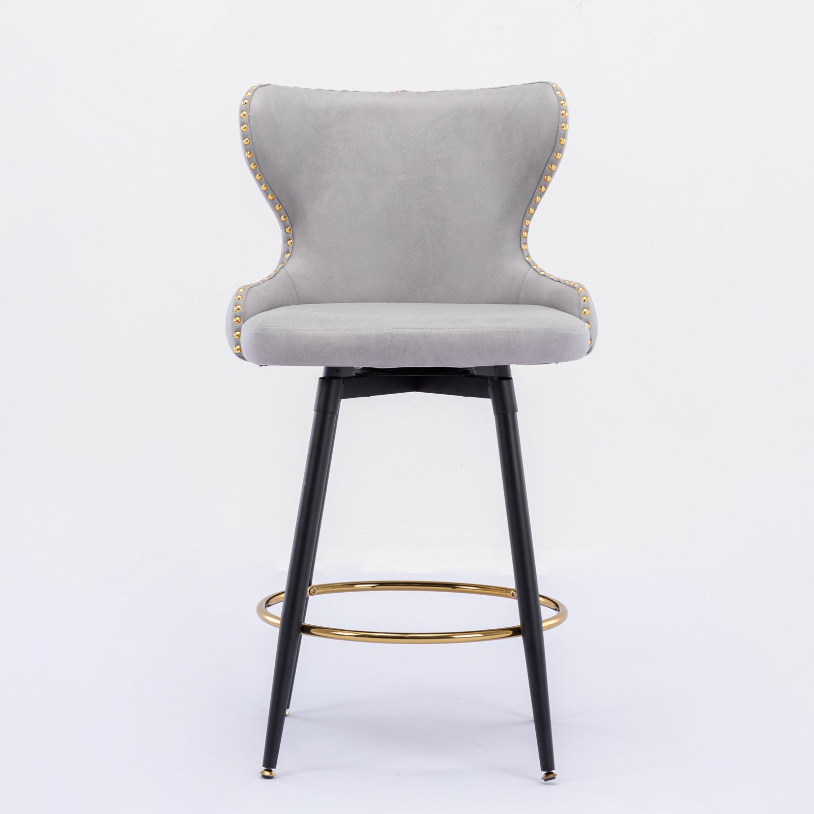 A&A Furniture,Counter Height 25" Modern Leathaire Fabric bar chairs,180° Swivel Bar Stool Chair for Kitchen,Tufted Gold Nailhead Trim Bar Stools with Metal Legs,Set of 2 (Light Gray)