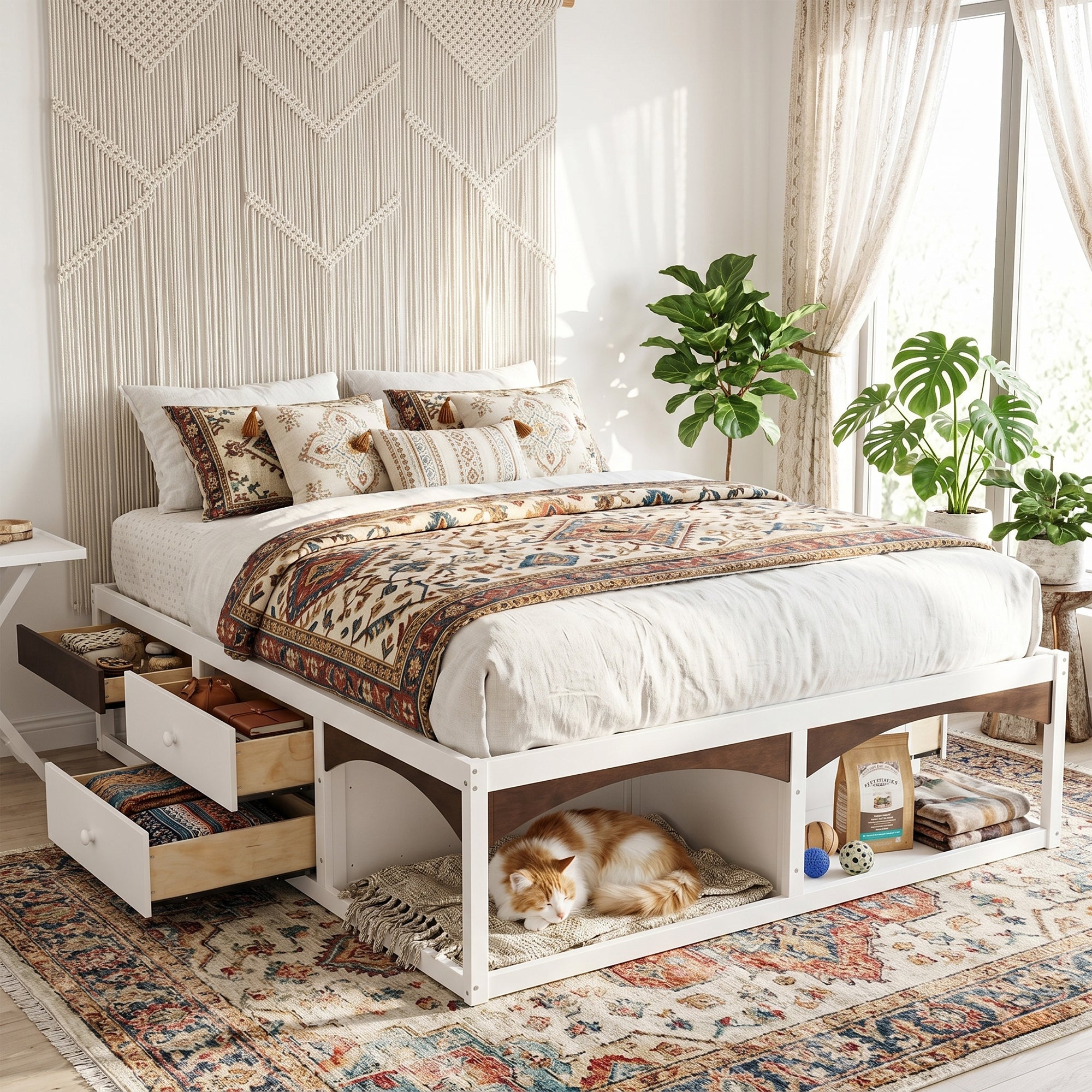 King Bed Frame with Storage Drawers, No Headboard Platform Bed with Light, Pet-Friendly Design, No Box Spring Needed, Modern Minimalist Style-White