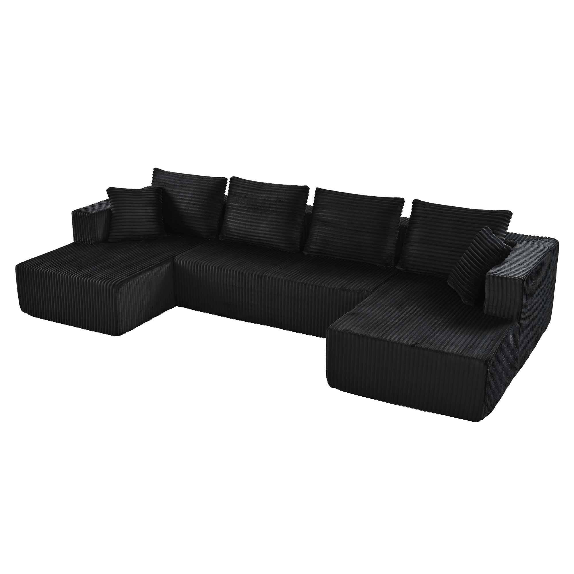 Modern U-Shaped Modular Sectional Sofa in Black Corduroy with Double Chaise, Oversized Deep Seat for Living Room or Apartment, 132.1 Inches