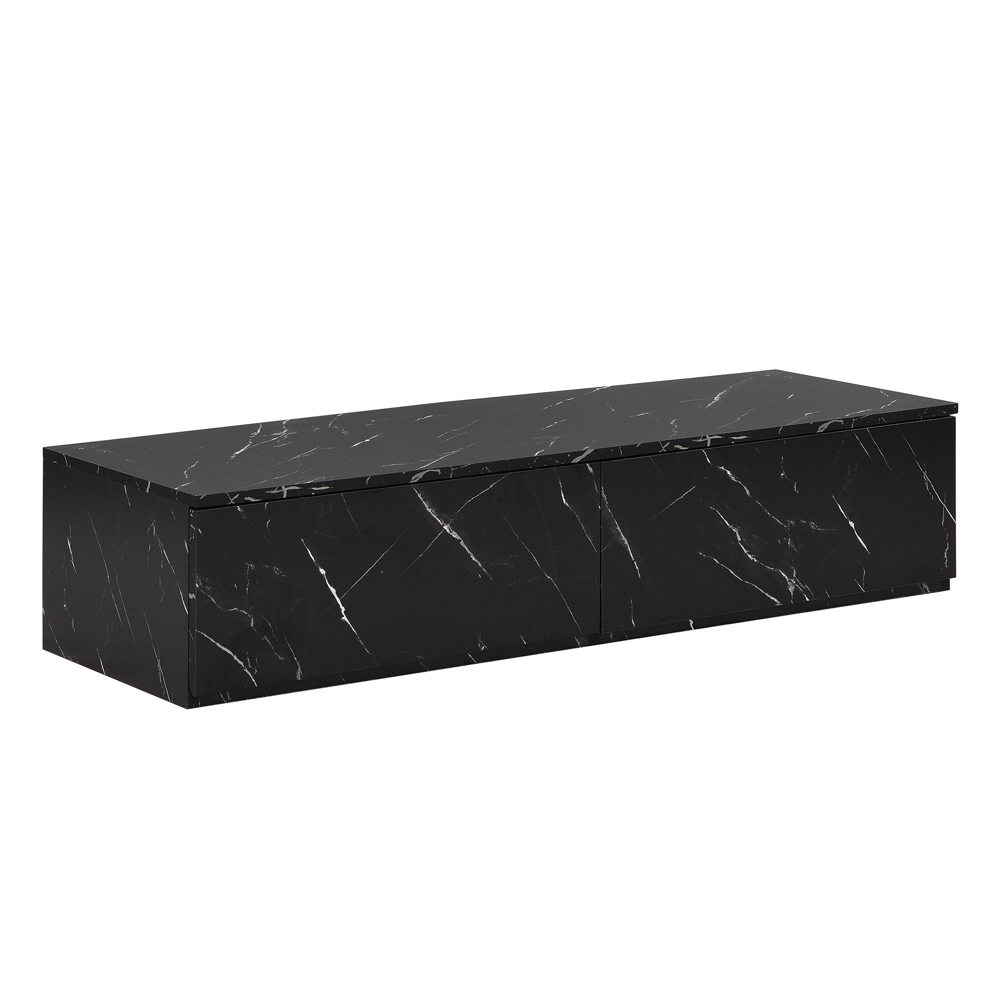 ON-TREND TV Stand with Faux Marble and Walnut Wood Grain Finish for TVs up to 88'', Modern Free-Combination Entertainment Center with 4 Storage Drawers for Living Room, Black