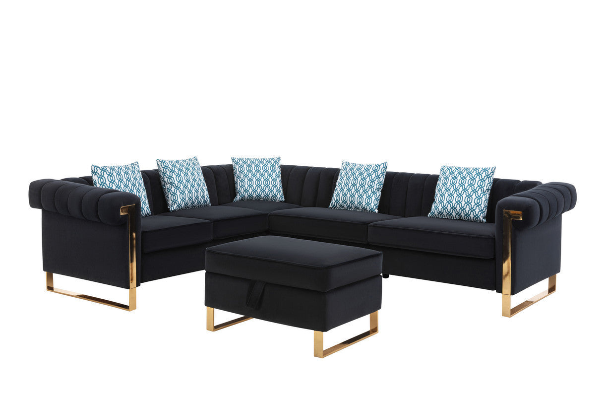 Maddie Black Velvet 6-Seater Sectional Sofa with Storage Ottoman