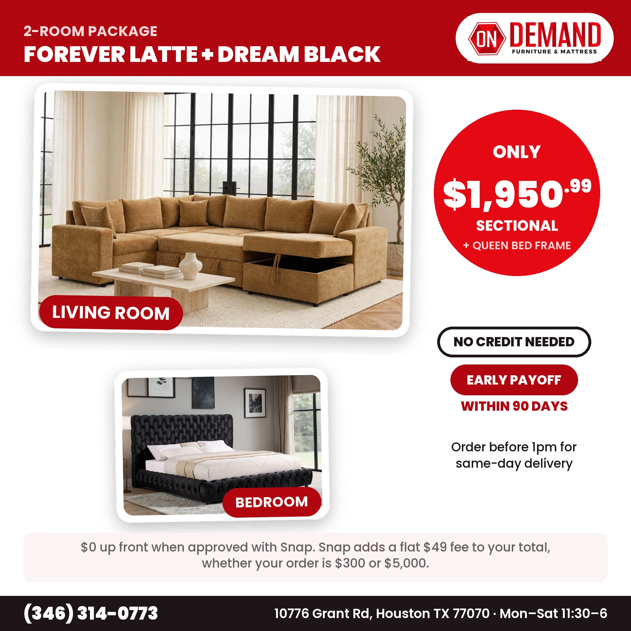 Forever Latte 2 Room Package: latte sectional with storage chaise and Dream Black tufted bed frame