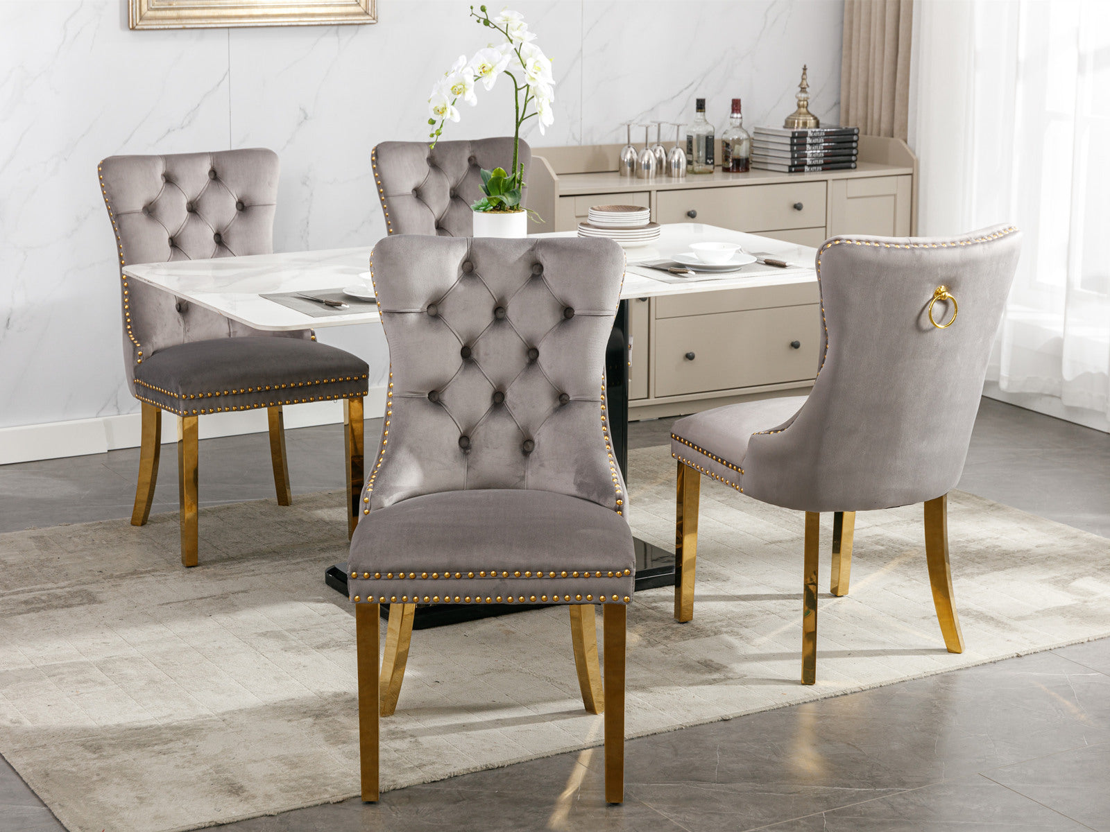 Set of 2 Gray and Gold Modern Velvet Upholstered Dining Chair