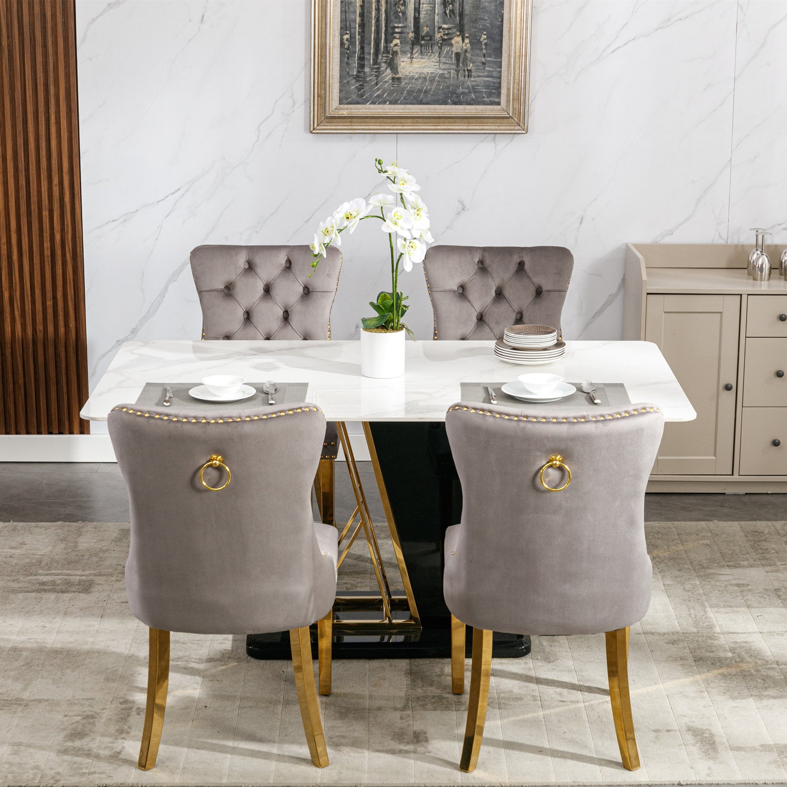 Set of 2 Gray and Gold Modern Velvet Upholstered Dining Chair