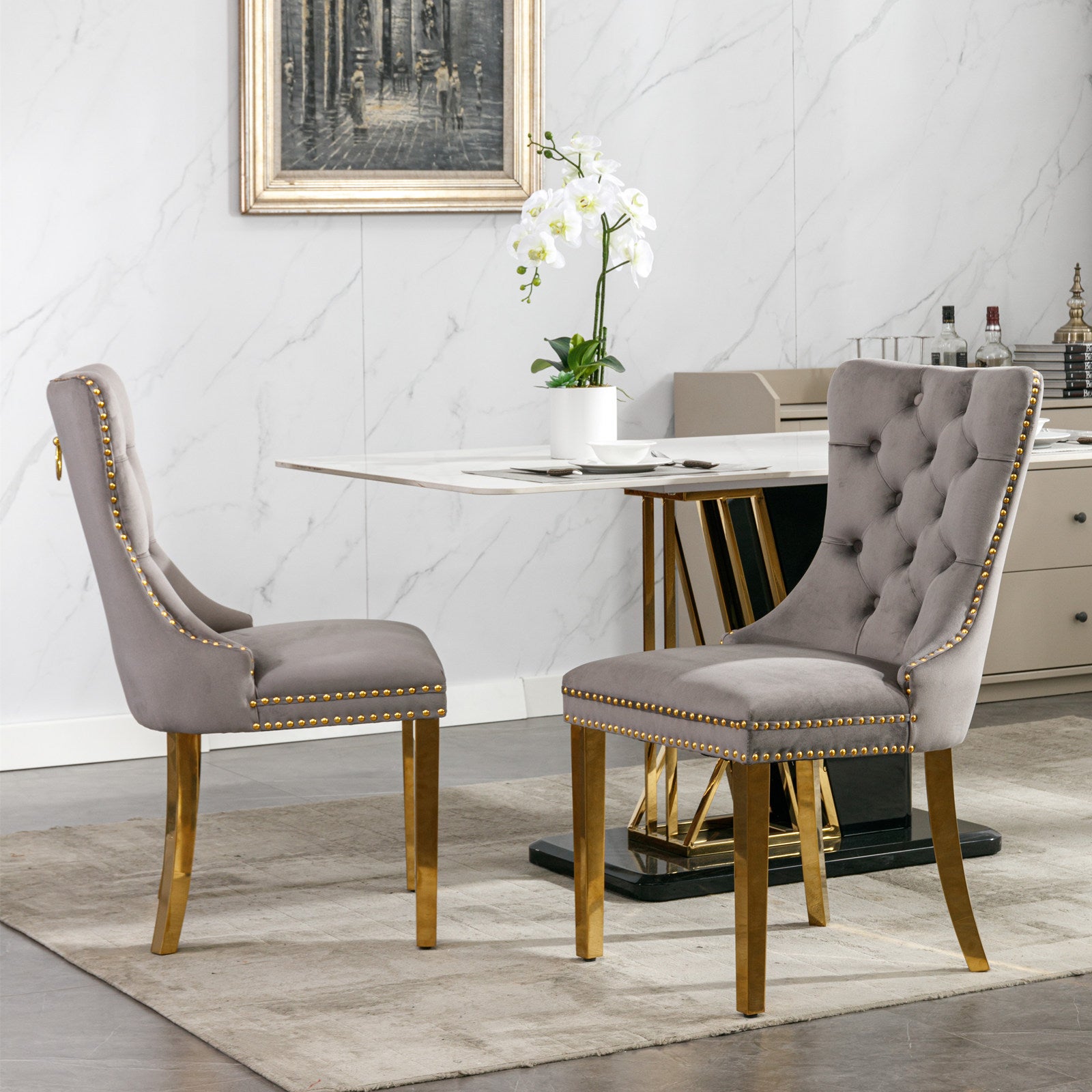 Set of 2 Gray and Gold Modern Velvet Upholstered Dining Chair
