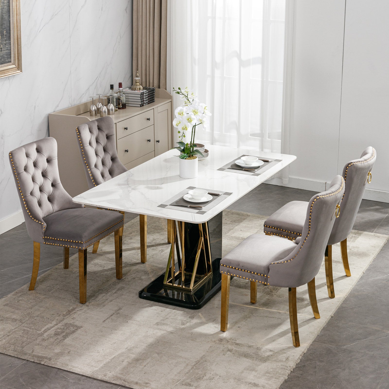 Set of 2 Gray and Gold Modern Velvet Upholstered Dining Chair