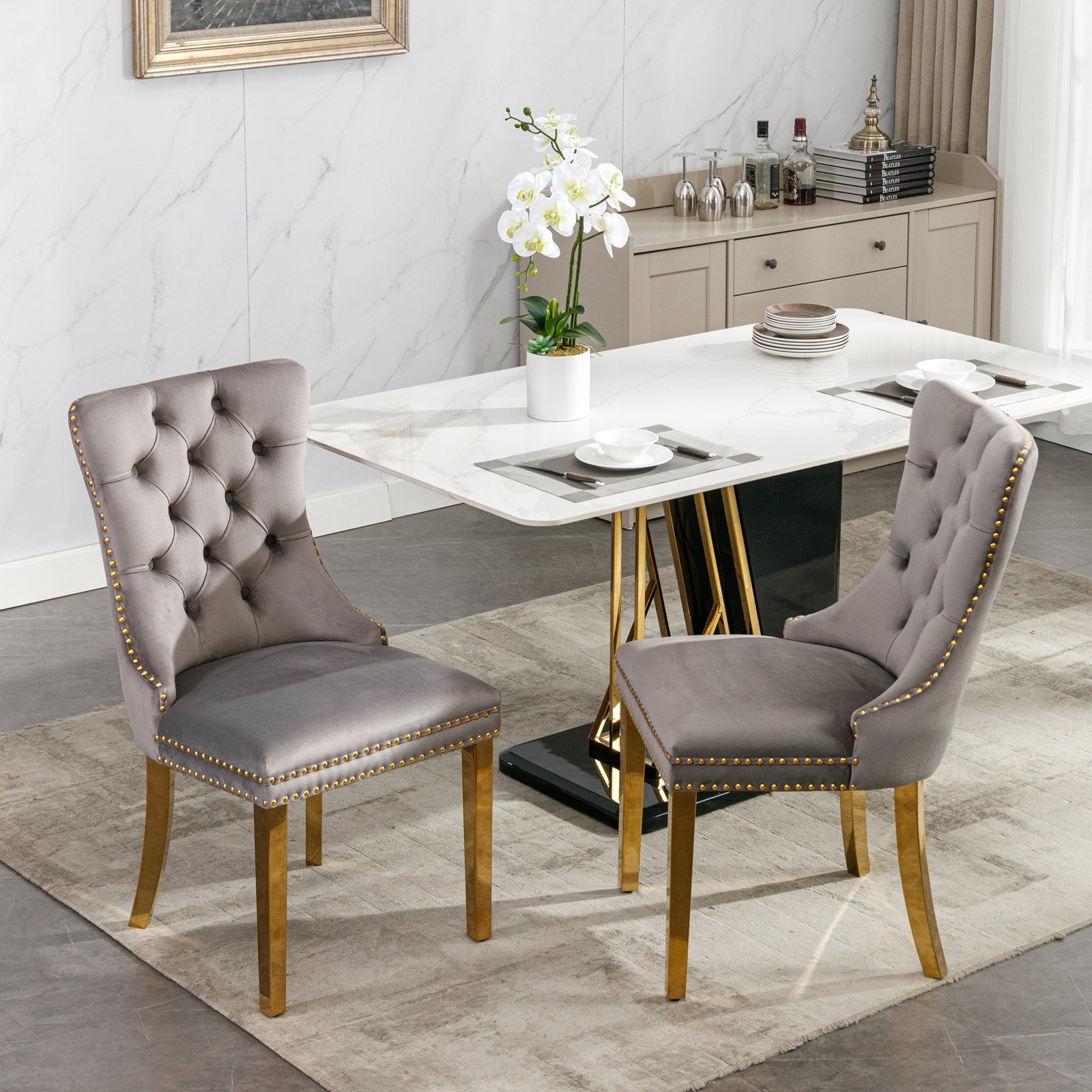 Set of 2 Gray and Gold Modern Velvet Upholstered Dining Chair