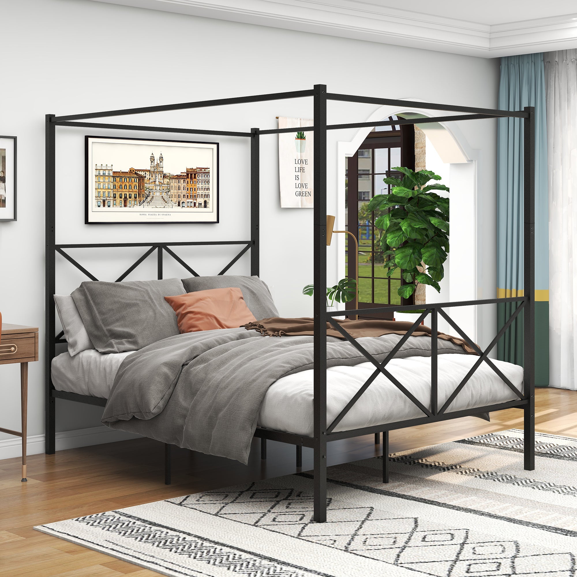 Black Metal Canopy Bedwith X Shaped Frame Queen