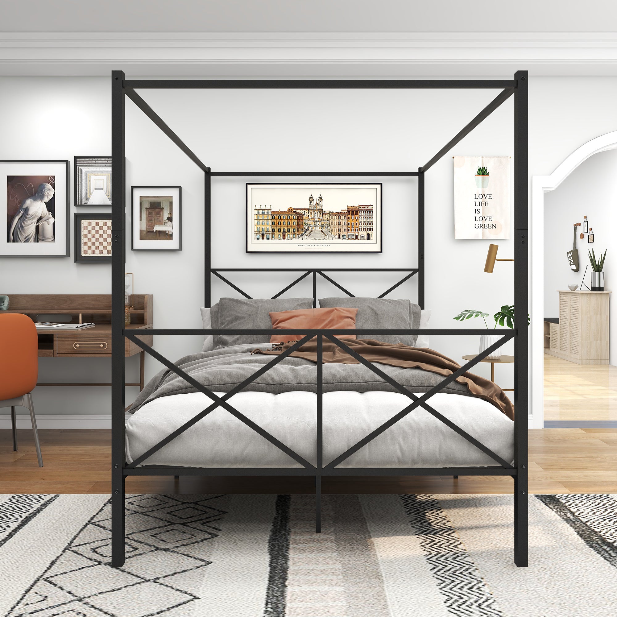 Black Metal Canopy Bedwith X Shaped Frame Queen