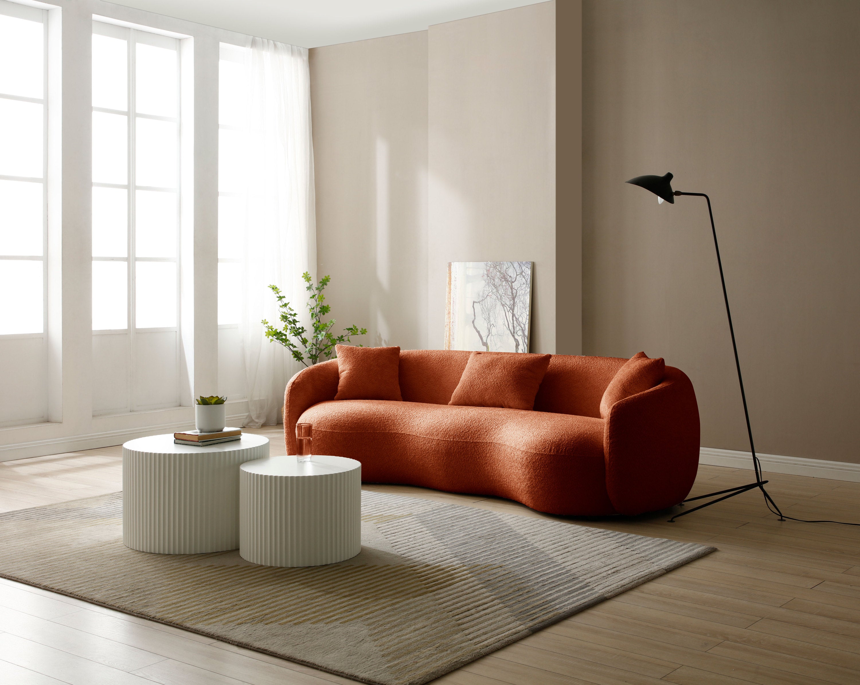 Orange Boucle Fabric Mid Century Modern Curved Sofa