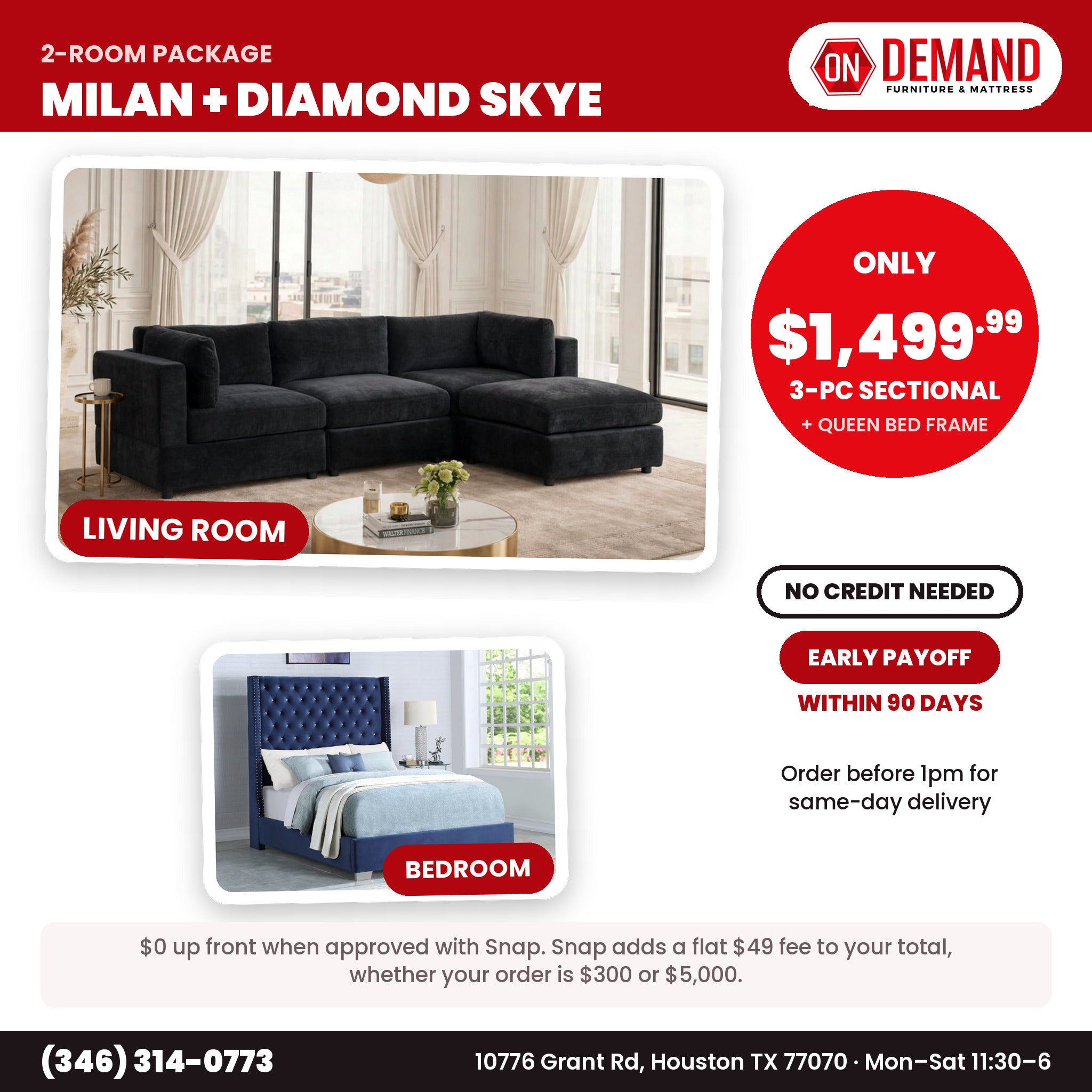 Milan Black Chenille 2 Room Package: black sectional and Diamond Skye blue bed frame