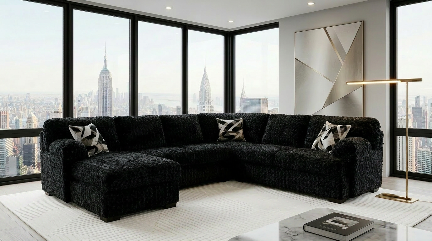 Westwood Black Plush U-Shaped Sectional with Chaise