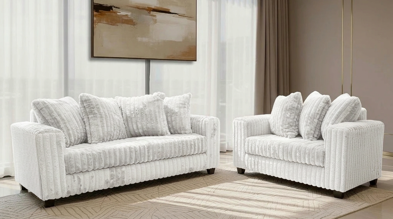 Gia White Corduroy Sofa and Loveseat Set