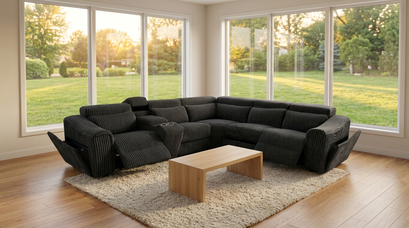 Yash Black Corduroy Power Reclining Sectional with Storage Console