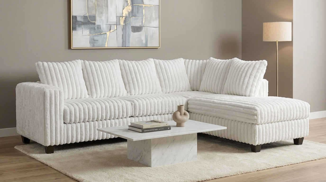 Gia White Corduroy Sectional with Chaise, view 2