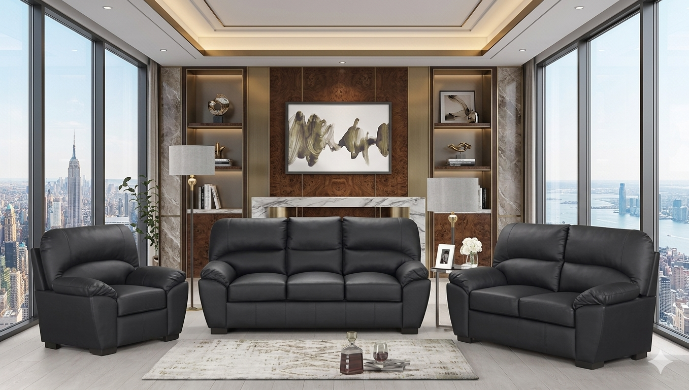 Tiffany Black Faux Leather 3 Piece Living Room Set
