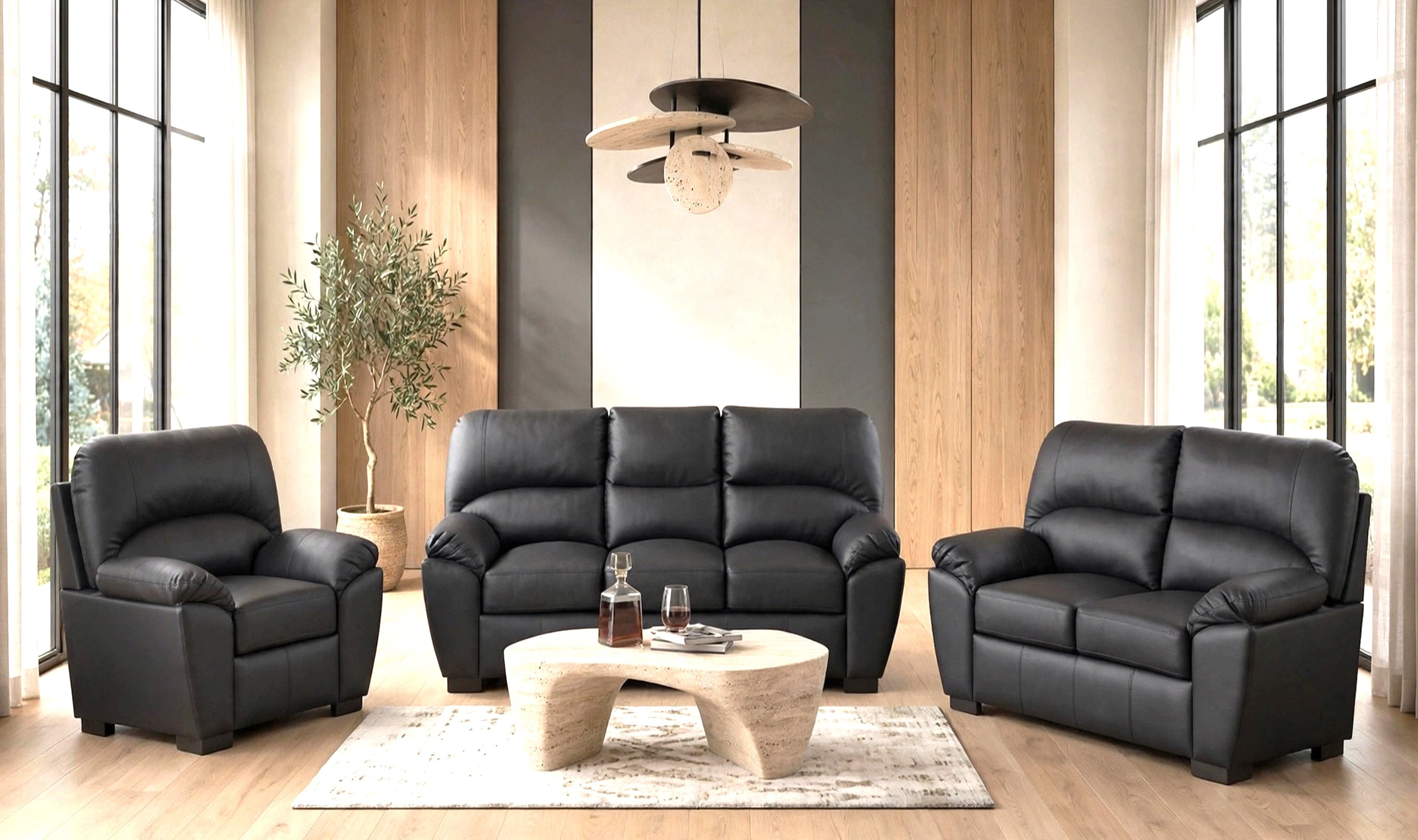 Tiffany Black Faux Leather 3 Piece Living Room Set, view 3